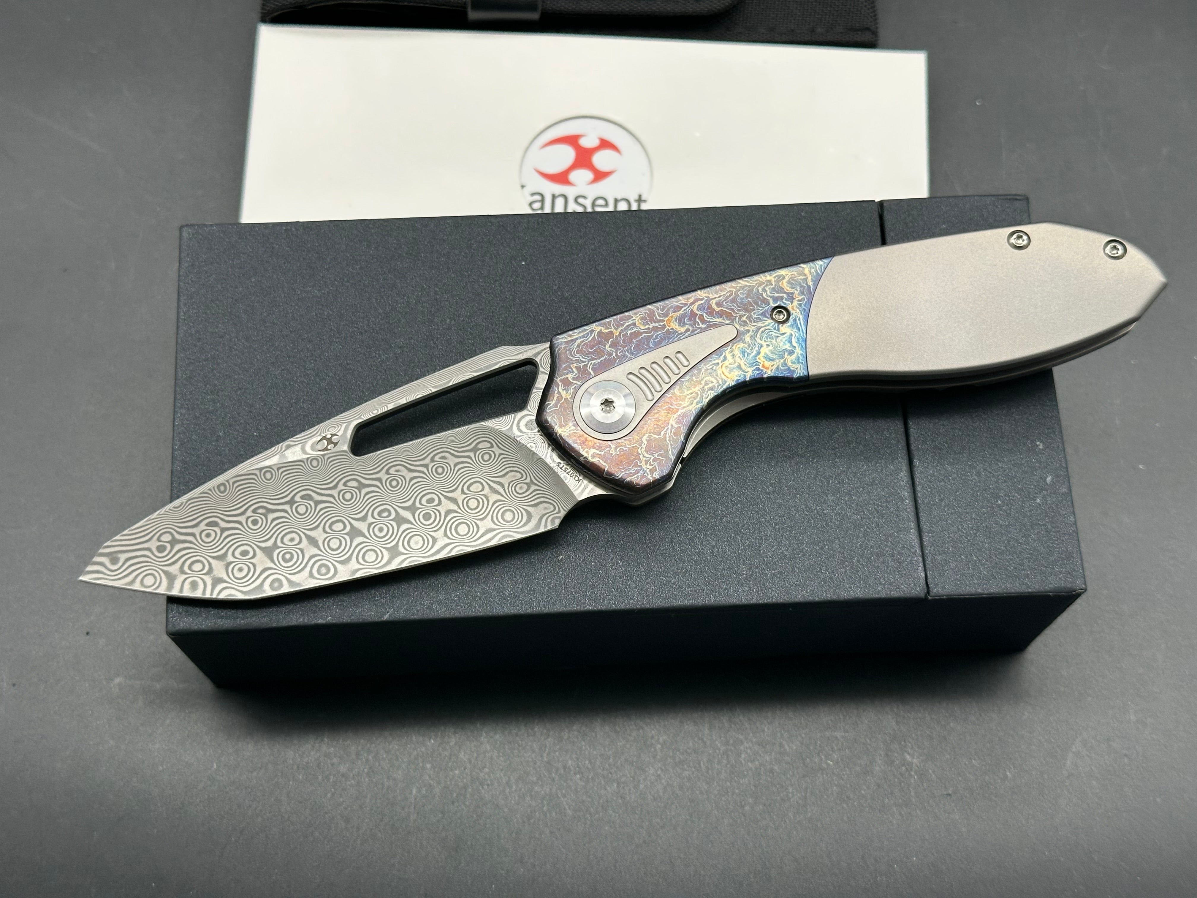 KANSEPT THOTH Folding Knife - Bead Blast/Lightning Strike Titanium Handle with Damascus Steel Blade - EDC Pocket Knife for Outdoor Camping, Hiking & Survival