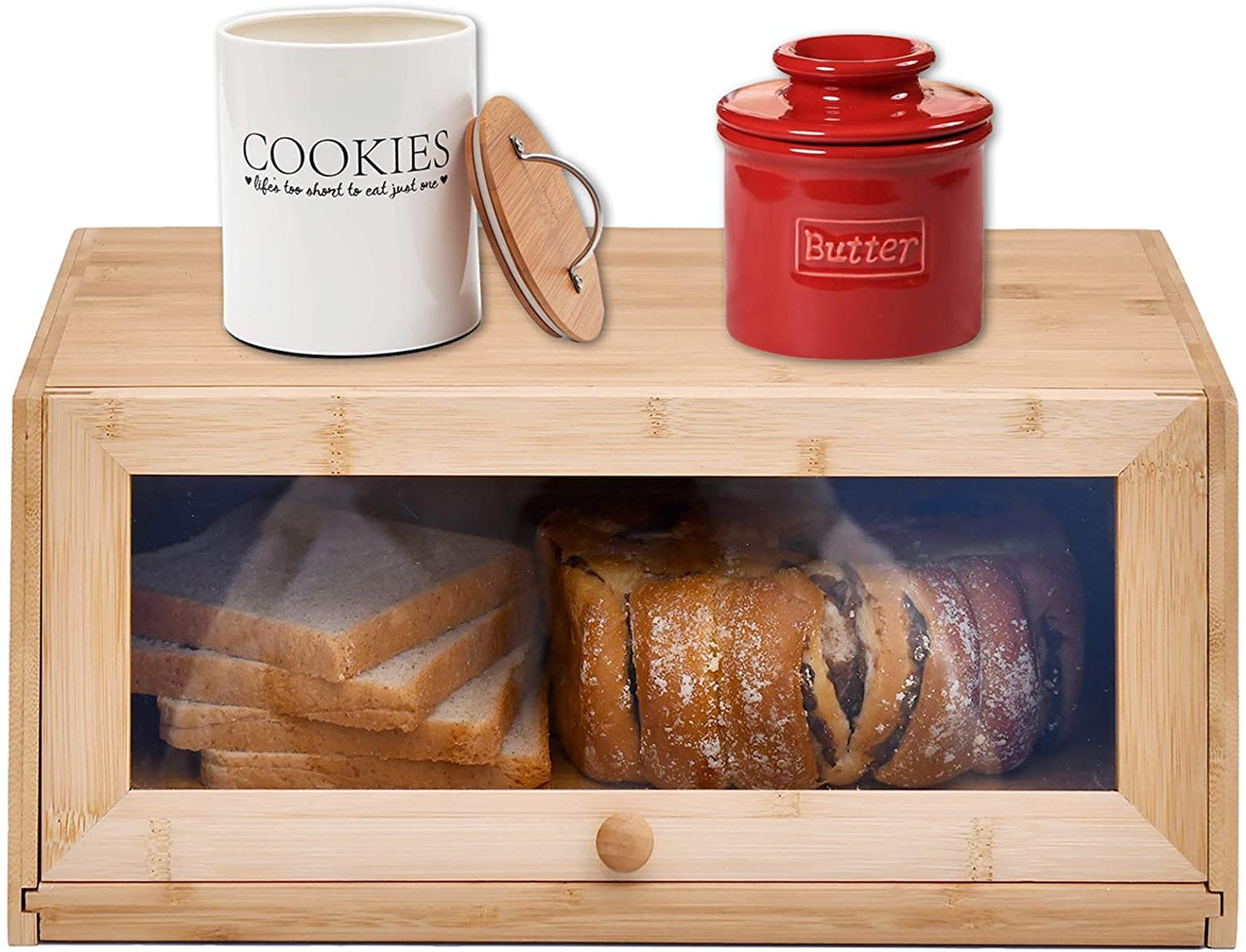 Bamboo Bread Box with Clear Window - Large Kitchen Storage Container for Bread, Sandwich, Muffins | Includes Bonus Cutting Board | Natural Wood Countertop Organizer for Fresh Bakery Storage