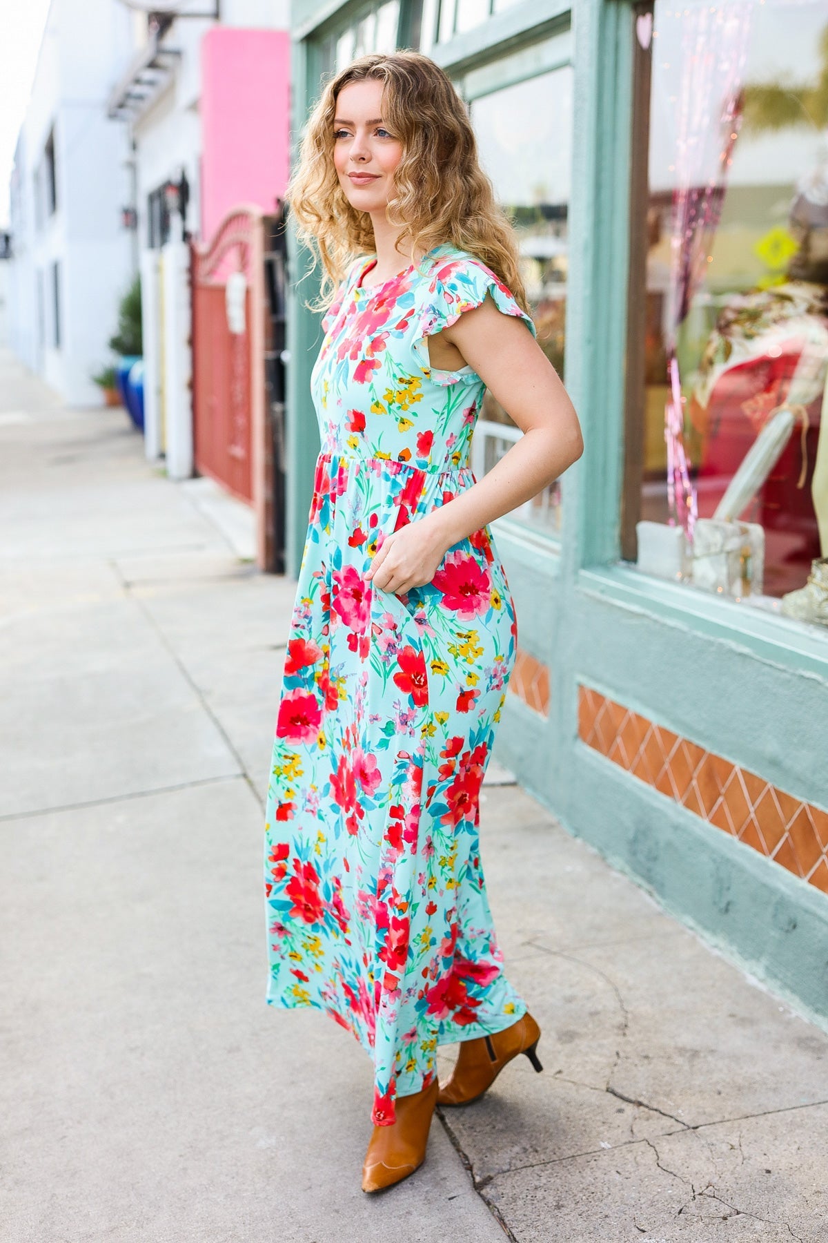 Aqua Floral Fit & Flare Maxi Dress for Women - Summer Beach Wedding Party Dress - Flowy Long Dress with V-Neck & Ruffle Hem