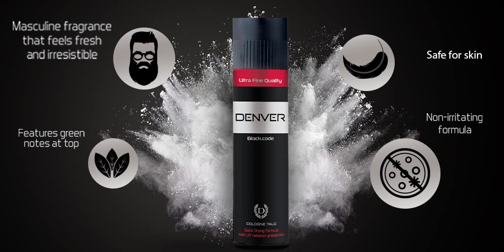 DENVER Black Code Premium Body Talc - 100Gm (Pack of 3) | Scented Talcum Powder for Men & Women | Fresh Fragrance, Smooth Skin | Ideal for Gym, Travel & Daily Use