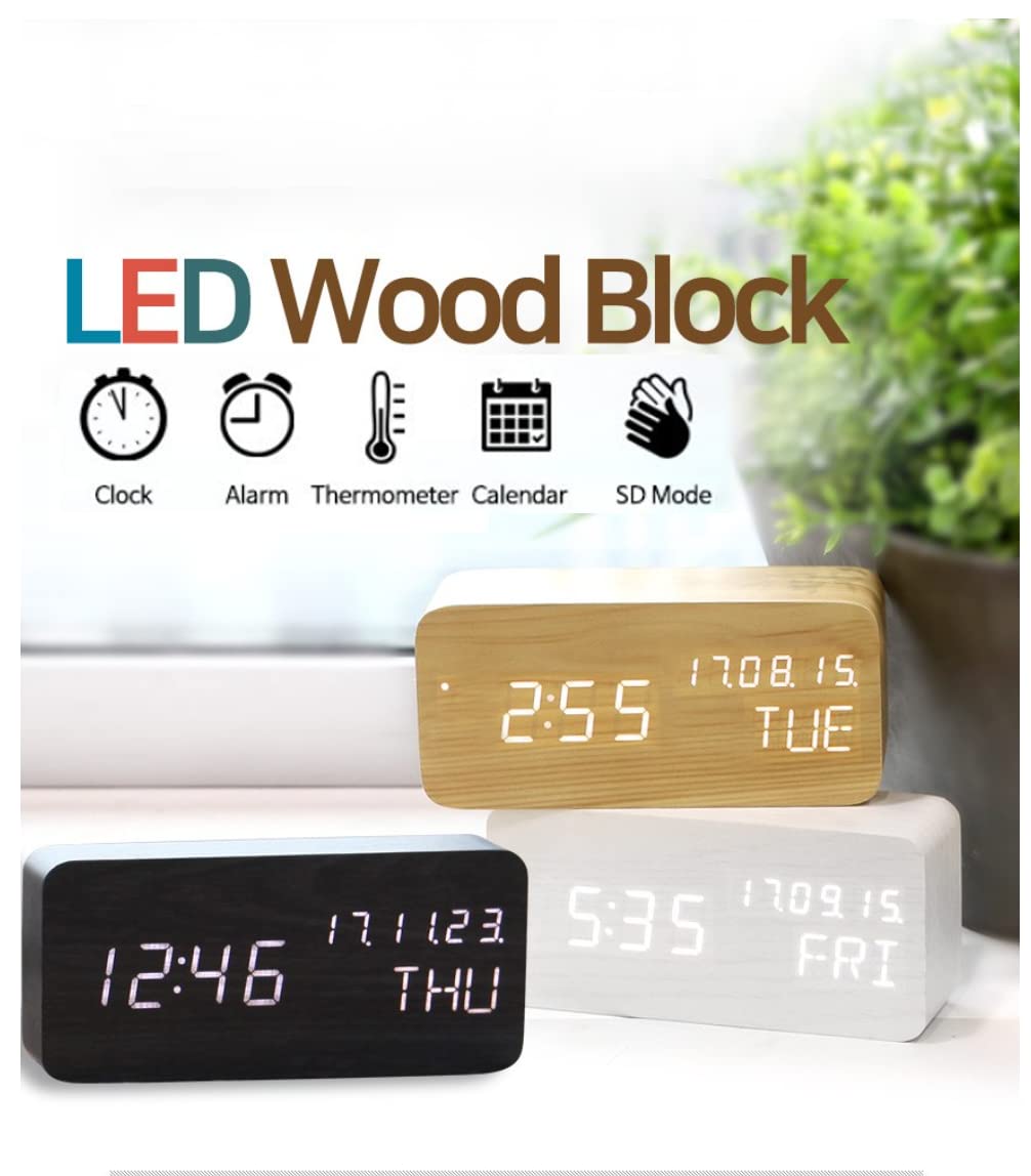 Wooden Digital Alarm Clock with Large LED Display - Shows Time, Date (MM/DD/YY), Day, Temperature & Night Light | Portable Desk Clock for Bedroom, Office, School | Perfect for Home, Living Room & Nightstand Use (Bamboo)