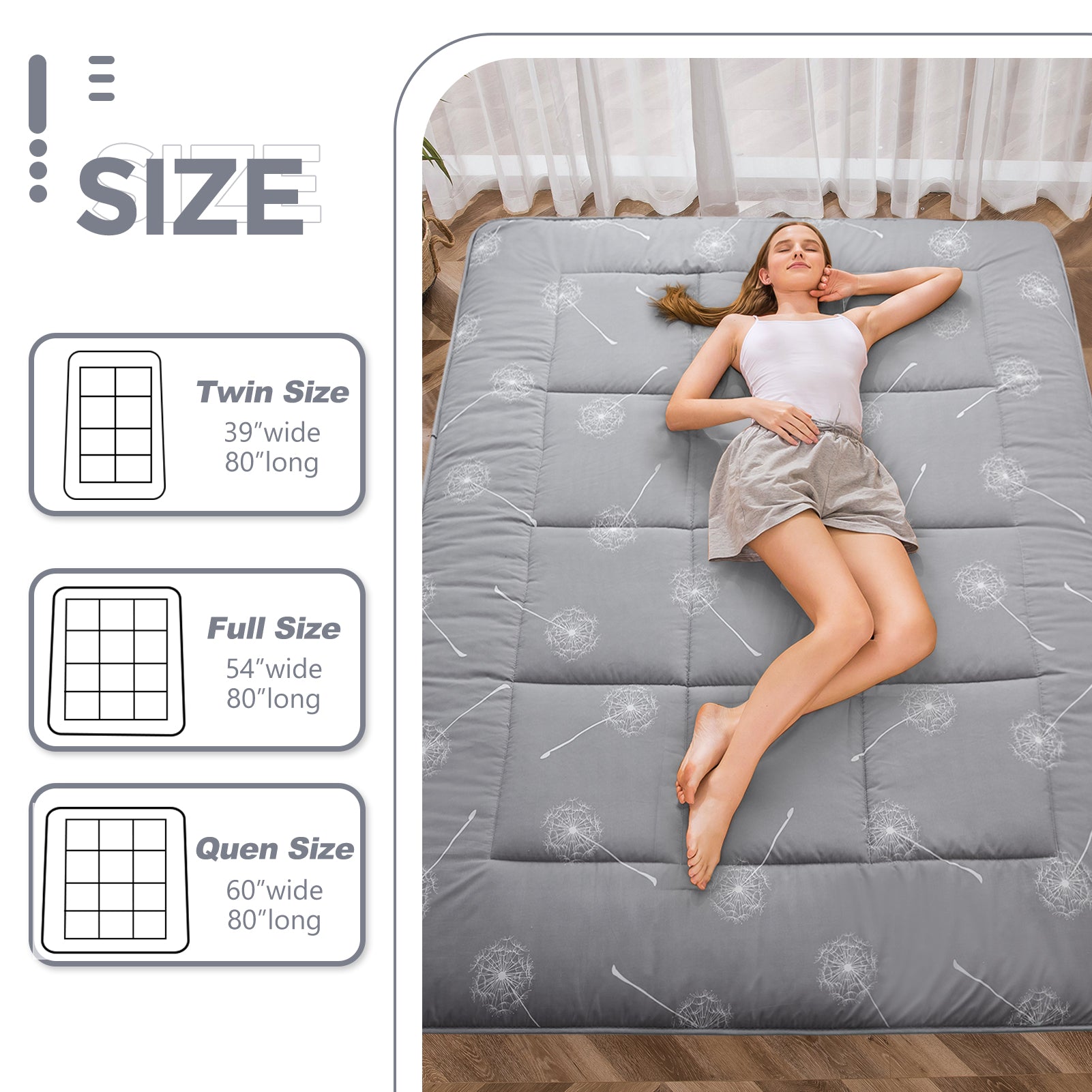MAXYOYO Japanese Floor Futon Mattress - Grey Dandelion Pattern, Foldable Sleeping Mat for Guest Bed, Meditation & Small Space Living