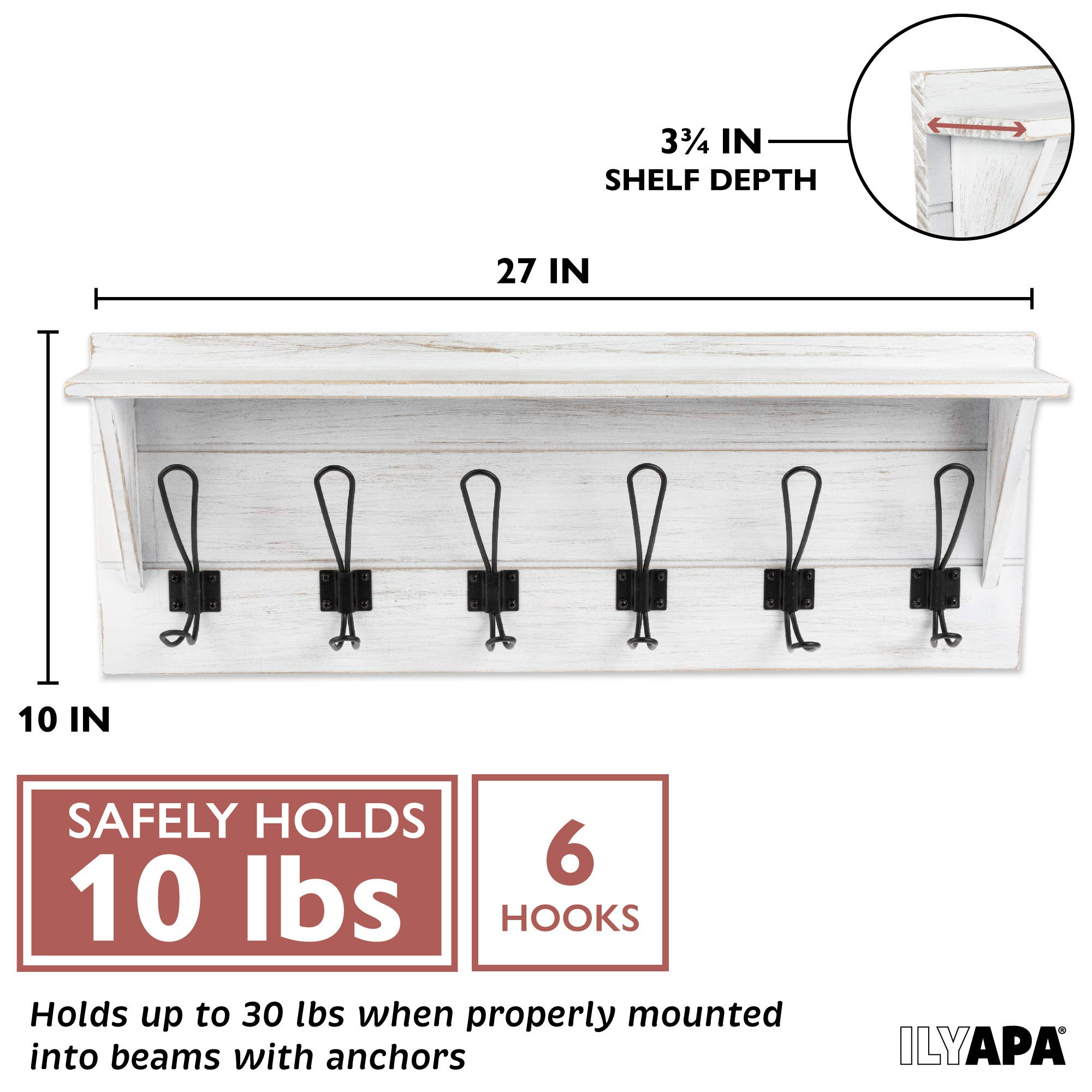 Ilyapa White Wall Mount Coat Rack with Shelf - 6 Metal Hooks for Hats, Jackets & Accessories - Rustic Wooden Entryway Organizer for Kitchen, Bedroom, Hallway & Mudroom - Perfect for Small Space Storage & Home Decor