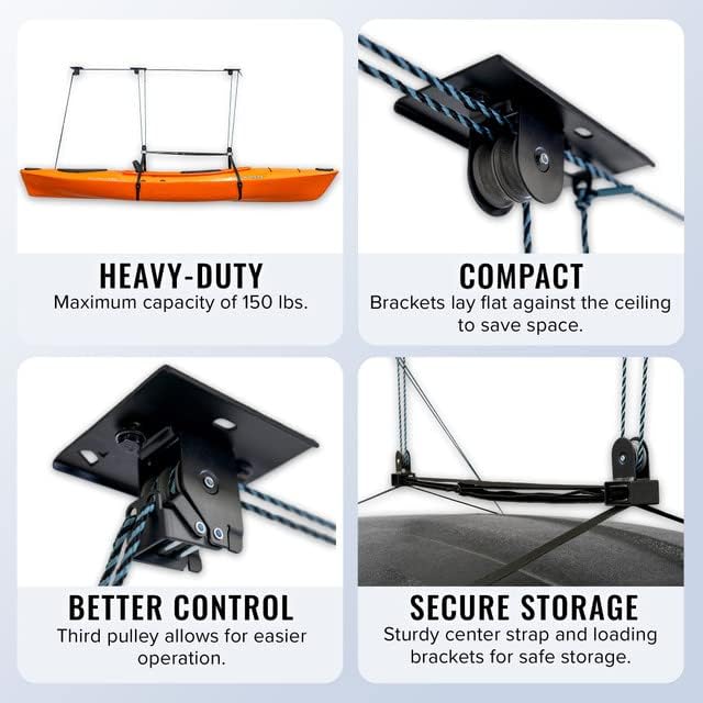 Teal Triangle Elite Kayak Pulley System - 150 lbs Capacity Ceiling Hoist for Kayaks, Canoes & Paddleboards | Garage Storage & Watercraft Organization Solution