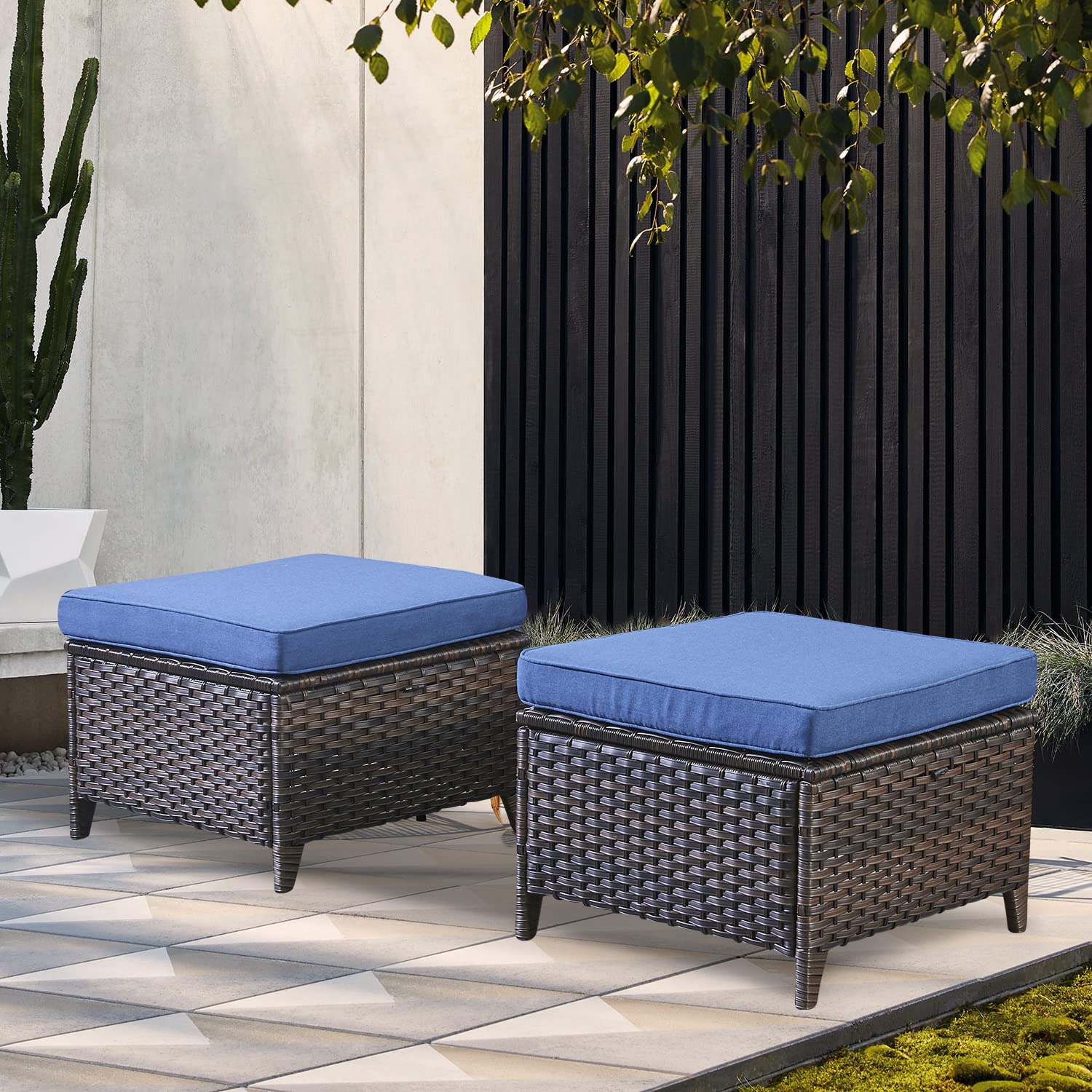 All-Weather Outdoor Furniture Ottoman Set of 2 - Patio Seating Footstool with Soft Cushions, Rattan Wicker Ottoman Seat for Garden, Deck, Poolside & Backyard Relaxation