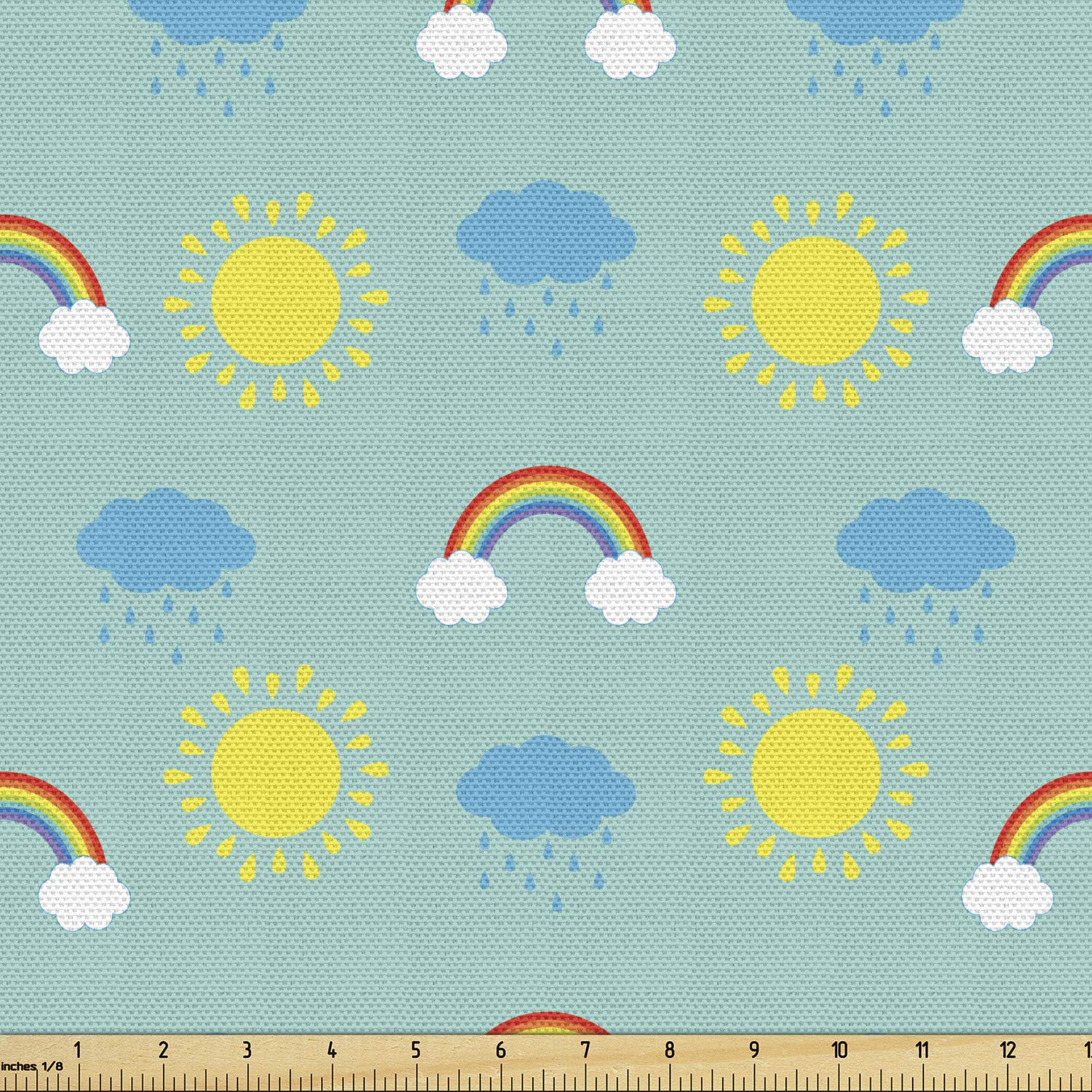 Ambesonne Rain Fabric by The Yard - Weather & Seasons Themed Decorative Upholstery Material with Rain Clouds, Rainbow & Sun Design (10 Yards, Multicolor) - Perfect for DIY Home Decor, Curtains, Pillows & Craft Projects