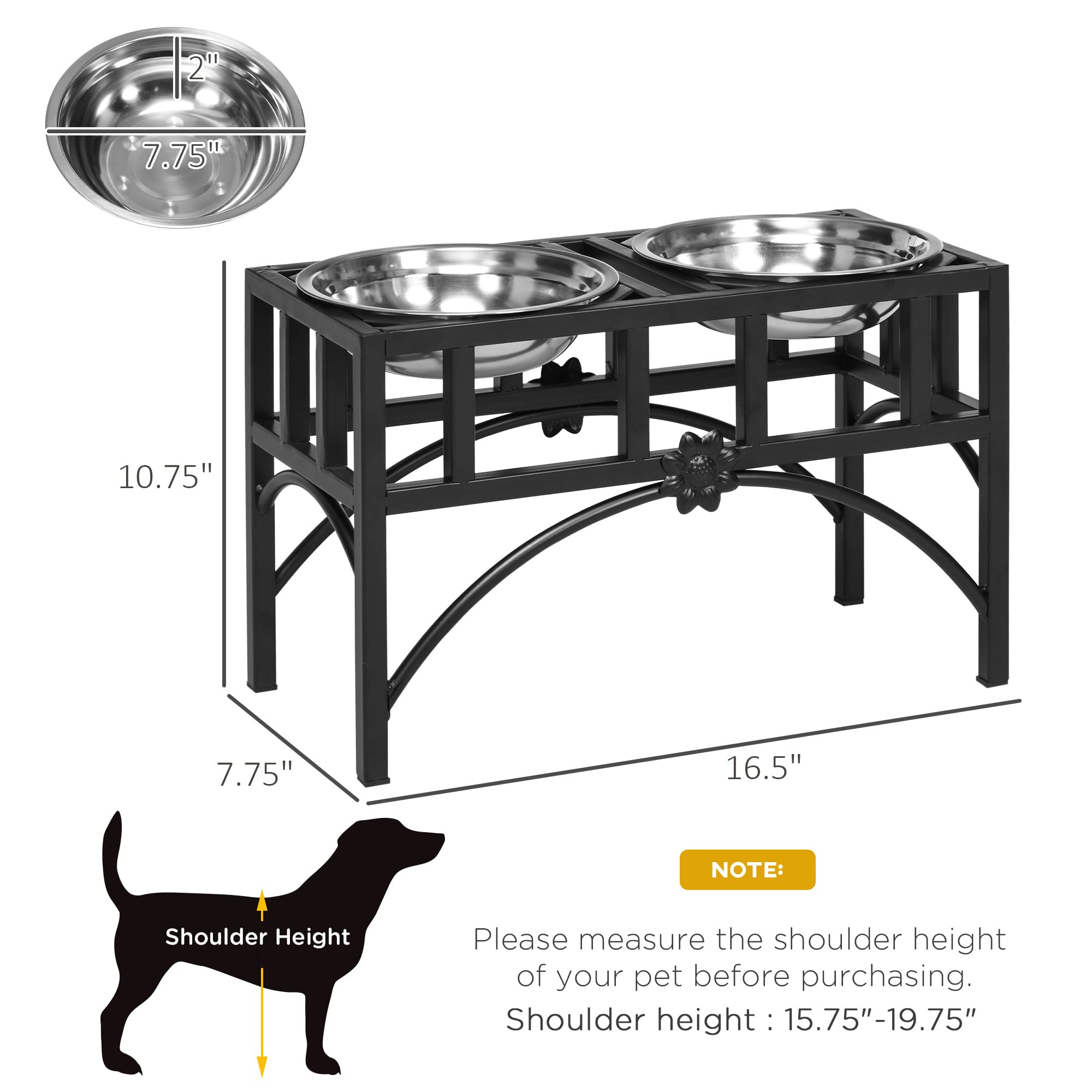 **PawHut Elevated Double Stainless Steel Dog Bowls - Heavy Duty Raised Pet Food & Water Dish - 10.5
