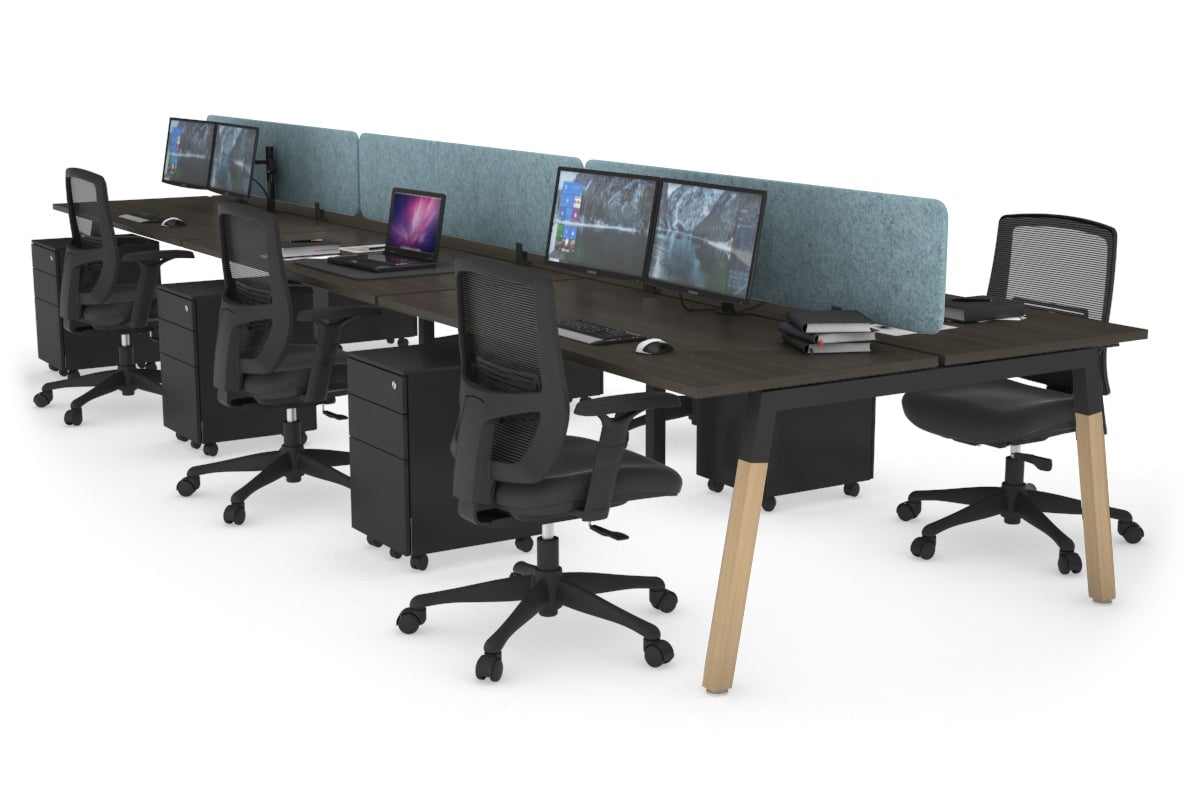 Quadro A Legs 6-Person Office Workstation with Wood Legs & Cross Beam [1200L x 700W] - Perfect for Collaborative Workspaces & Modern Office Desks