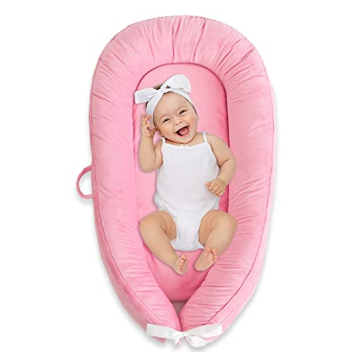 NTCOCO Baby Lounger & Nest - Soft Skin-Friendly Velvet Co-Sleeping Bed for Newborns | Portable, Adjustable for Crib & Bassinet | Perfect Baby Shower Gift (Pink) - Ideal for Nursery, Travel & Breastfeeding Comfort