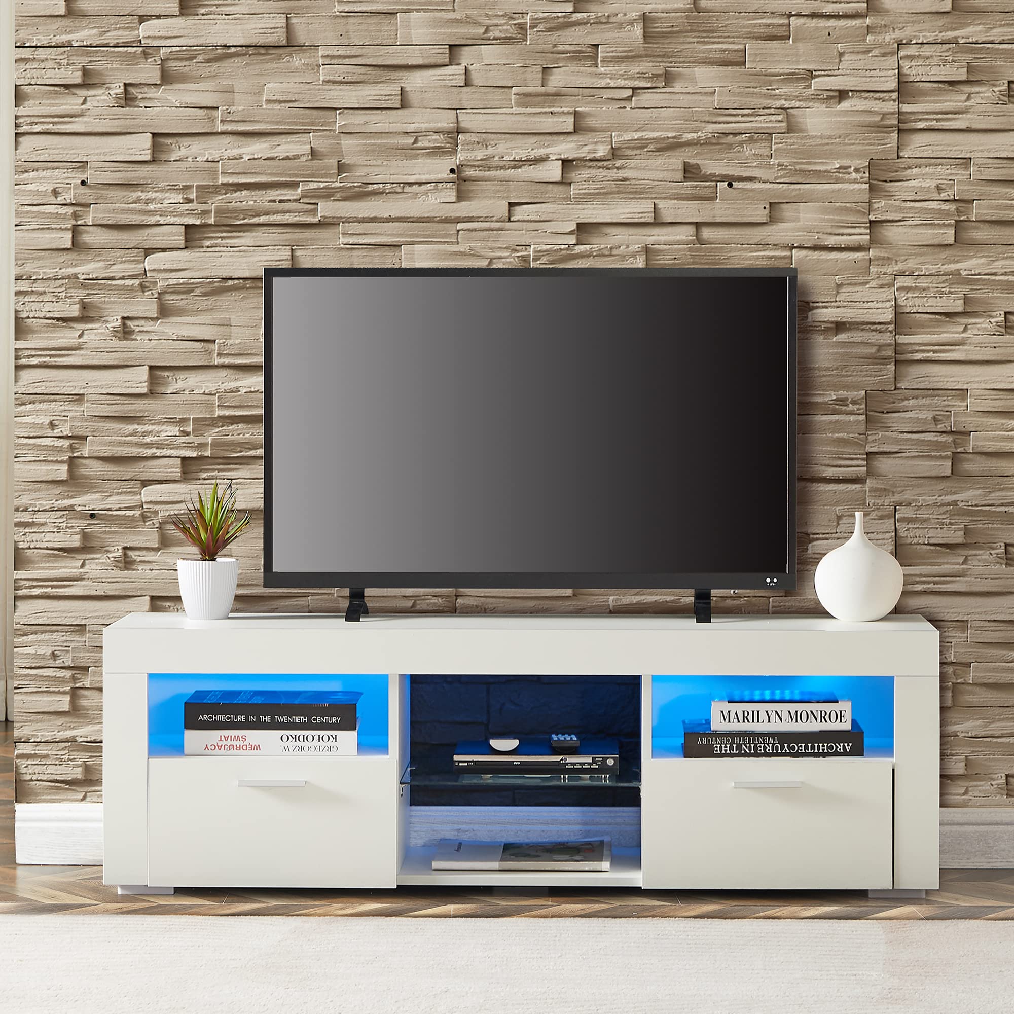 55 Inch TV Stand with LED Lights & 2 Drawers - Modern White Gloss Entertainment Center, Living Room TV Console Table for Home Theater Setup - Perfect for Gaming, Movie Nights & Family Entertainment