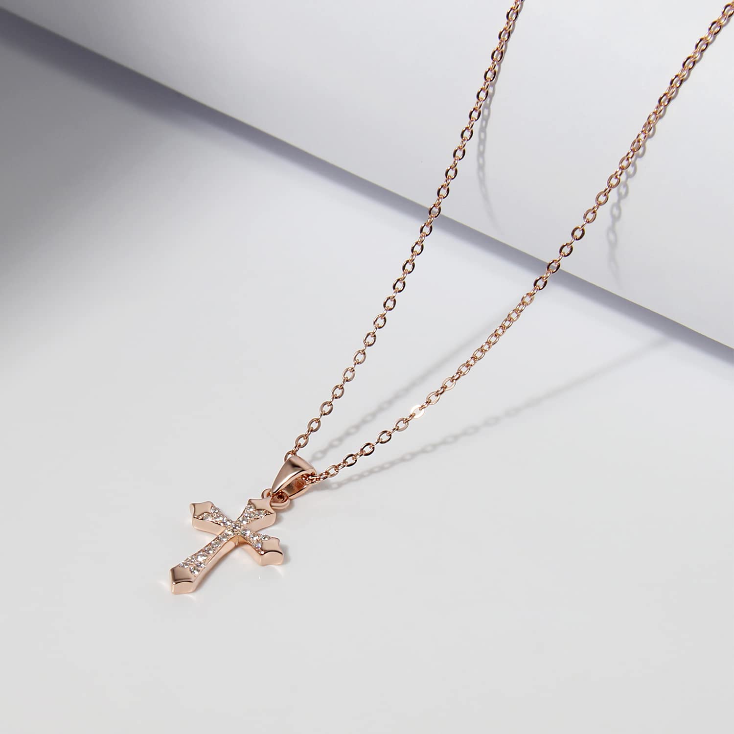 925 Sterling Silver Rose Gold Cross Pendant Necklace for Women & Men - Dainty Religious Christian Faith Jewelry - Perfect for Church, Baptism, Weddings & Everyday Wear