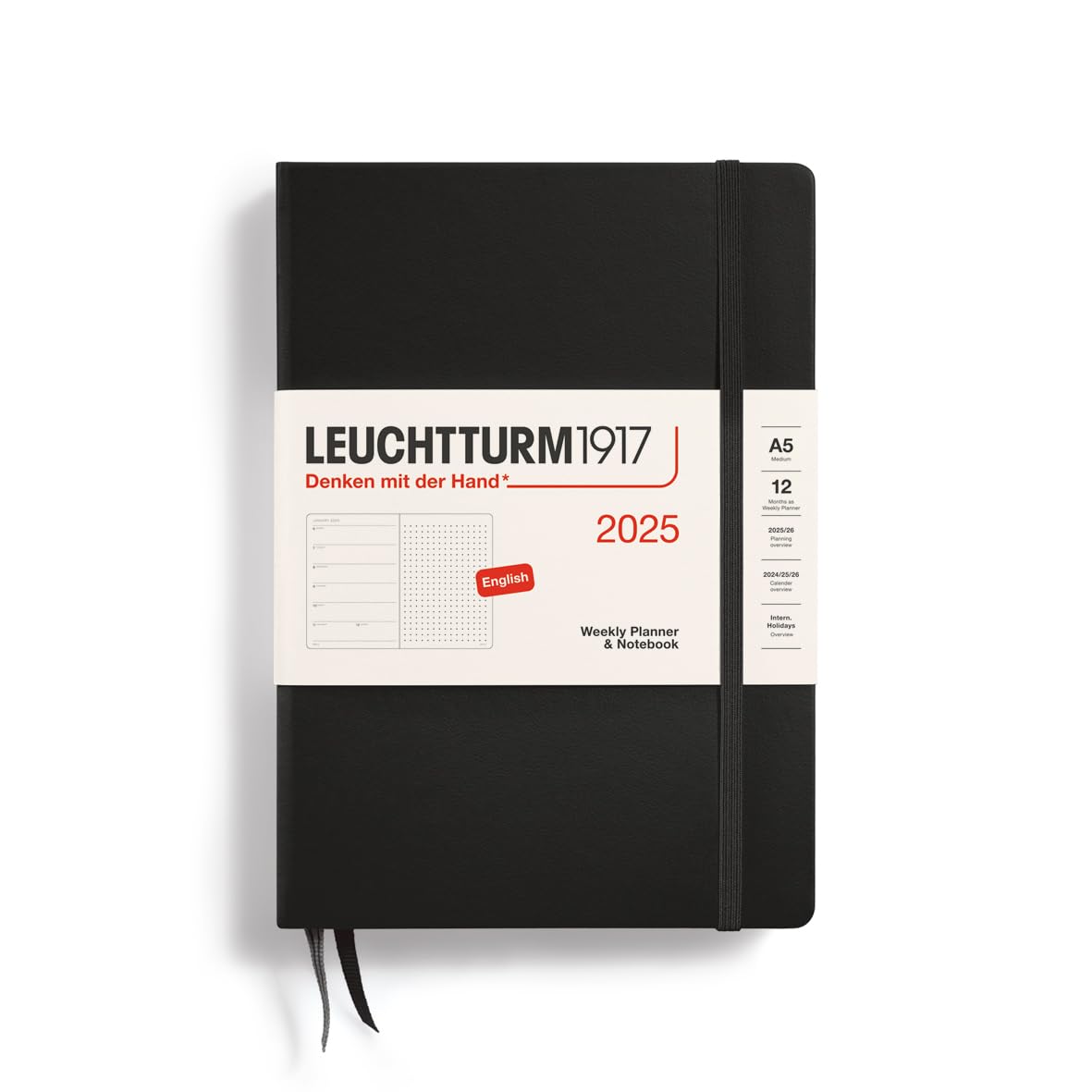 LEUCHTTURM1917 2025 Weekly Planner & Notebook - A5 Dotted Hardcover Organizer, Jan-Dec 2025 Calendar, Black - Perfect for Work, School & Personal Productivity Planning