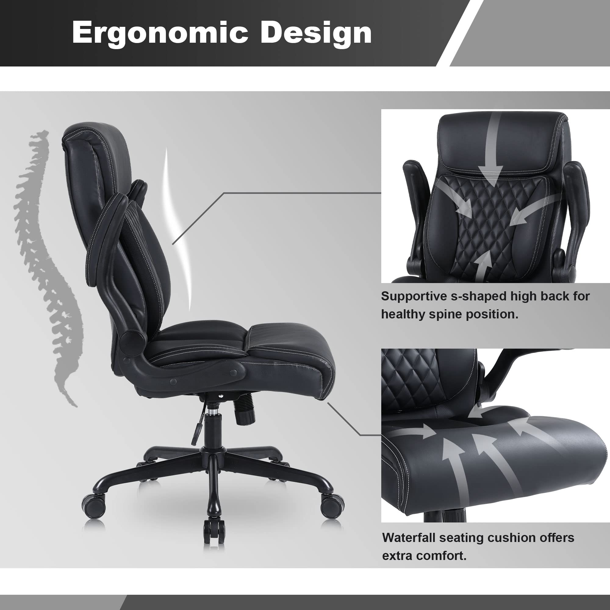 Premium Ergonomic Executive Office Chair - PU Leather Computer Desk Chair with Lumbar Support, Adjustable Height & Flip-Up Armrests - Home Office Chair for Comfort & Productivity - Perfect for Long Work Hours & Video Conferencing