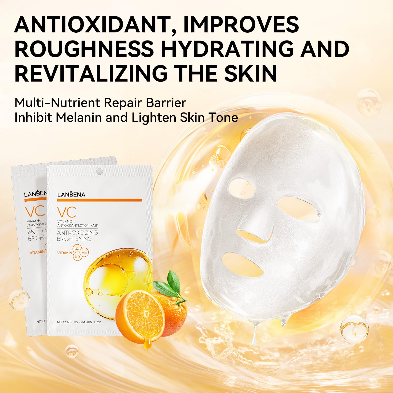 LANBENA Vitamin C Hydrating Sheet Masks - Brightening, Firming & Anti-Aging Overnight Face Mask for All Skin Types | Deep Moisturizing Spa Skincare Treatment | 1 Pack | Perfect for Nighttime Routine, Dry Skin Relief & Glowing Skin Care Regimen