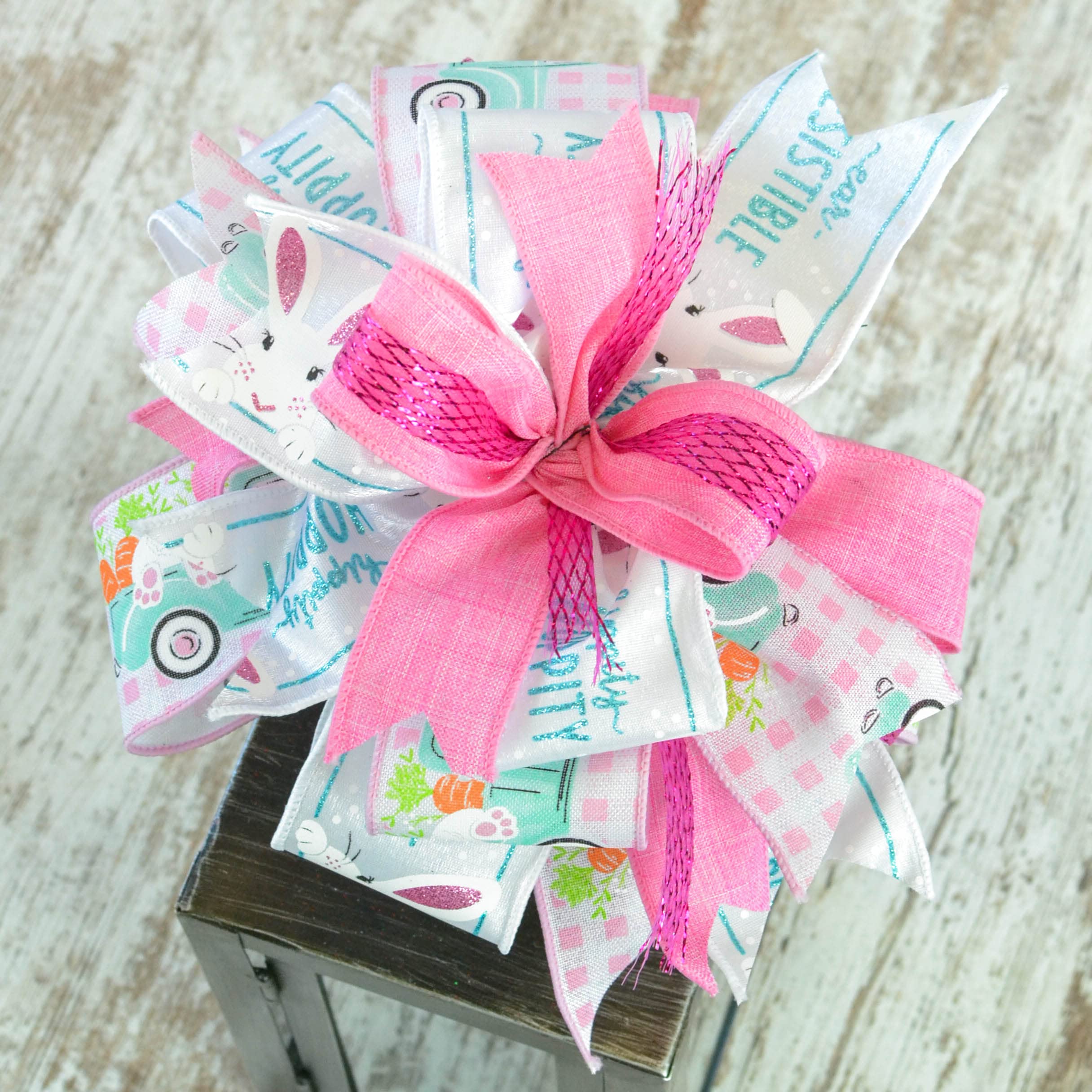 Easter Bunny Plaid Pink Turquoise Truck Lantern Wreath Bow - Handmade Farmhouse Burlap Wreath Decor for DIY Crafts - Set of 10 Pastel Easter Wreath Embellishments (Perfect for Spring Home Decor, Easter Party, Front Door Wreath Making & Farmhouse Style Gift)