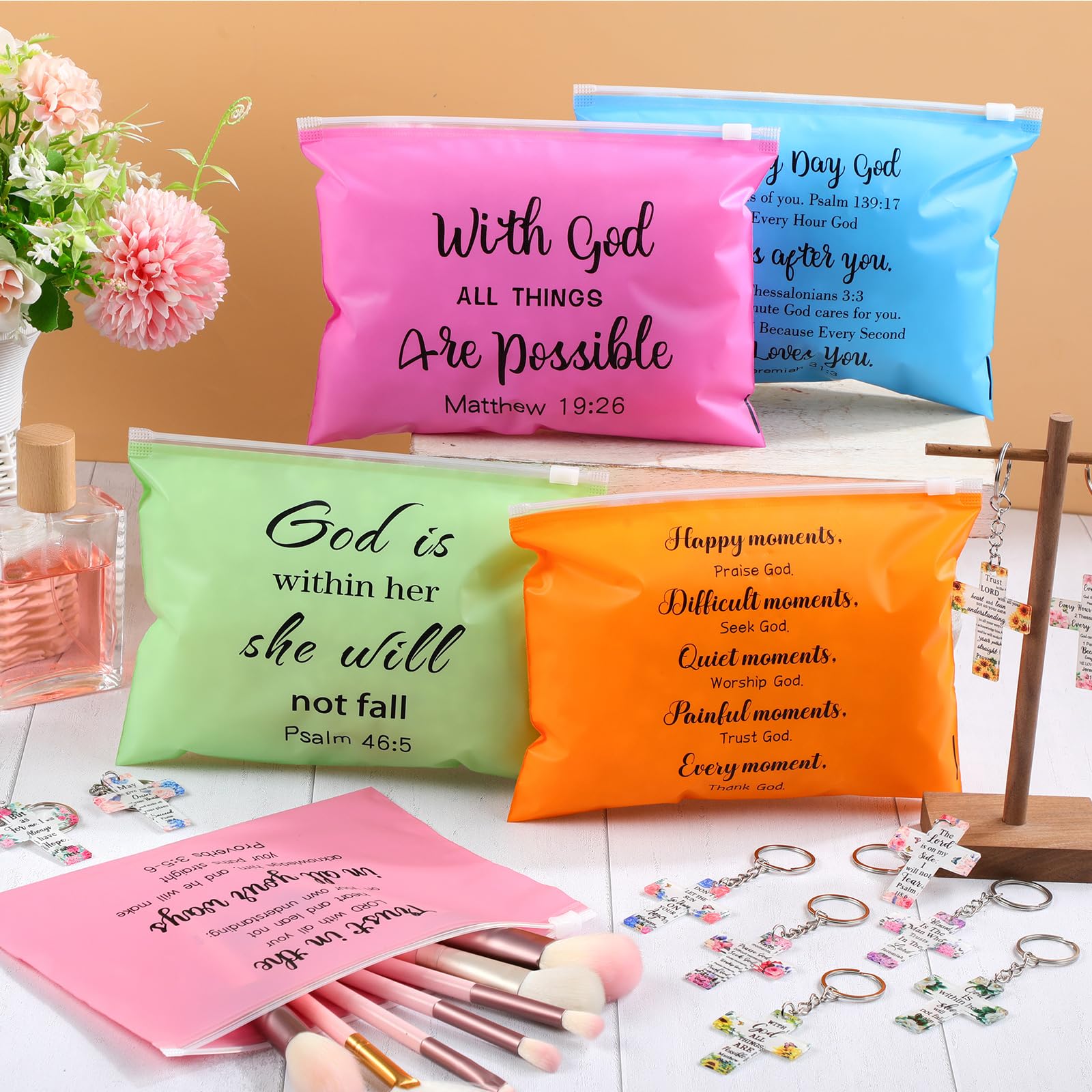 Christian Makeup Bags with Cross Keychain - 50pc Bulk Set for Women Travel & Gifts