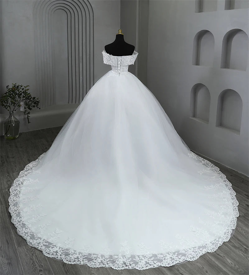 Elegant Plus Size Off Shoulder Wedding Dress with Appliques and Pearls - Perfect for Brides, Beach Weddings & Formal Occasions