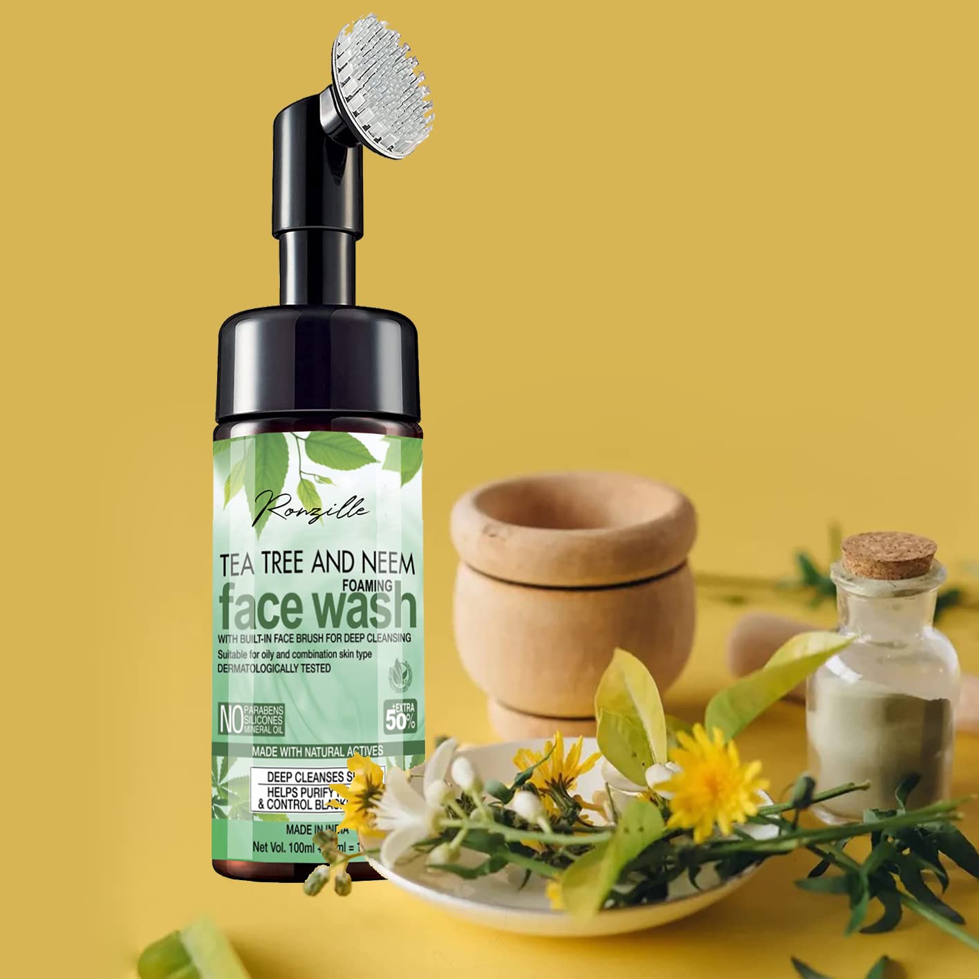 Ronzille Apple Cider Vinegar Foaming Face Wash with Built-In Brush - Deep Cleansing Facial Cleanser for Acne & Oily Skin (150ml, Tea Tree & Neem) - Gentle Exfoliation & Pore Minimizing for Daily Skincare Routine