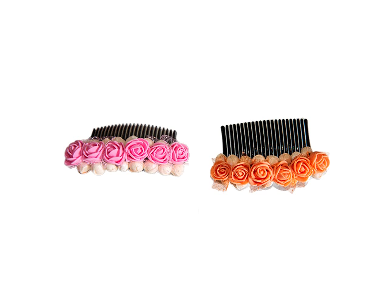 Women's Floral Hair Clip & Bun Maker Set - 2 Pack (Orange & Light Pink) for Wedding, Party, Prom & Everyday Hairstyles