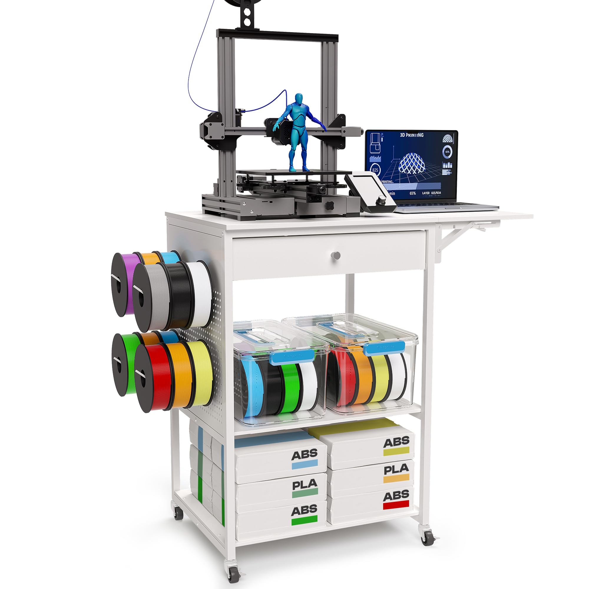 3D Printer Table with 40 Filament Storage - Rolling Workstation Desk Cart for 3D Printing | Perfect for Home Office, Studio & Workshop Organization