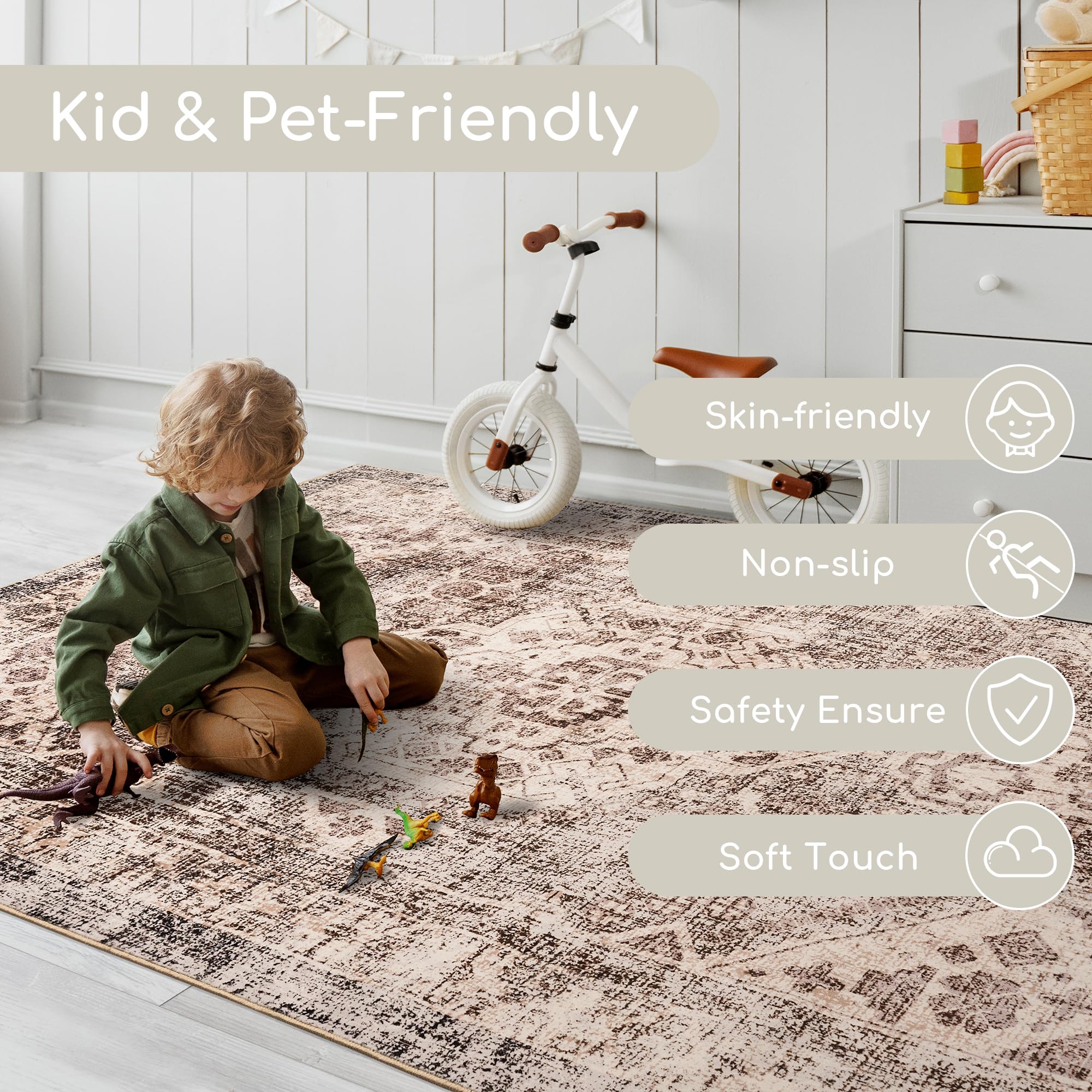 5x7 Washable Area Rug - Upgraded Denser Vintage Design with Honeycomb Non-Slip Backing - Easy Care Foldable Rug for Living Room, Bedroom, Kitchen, Dining Room & Home Office - Perfect for High Traffic Areas & Pet-Friendly Homes