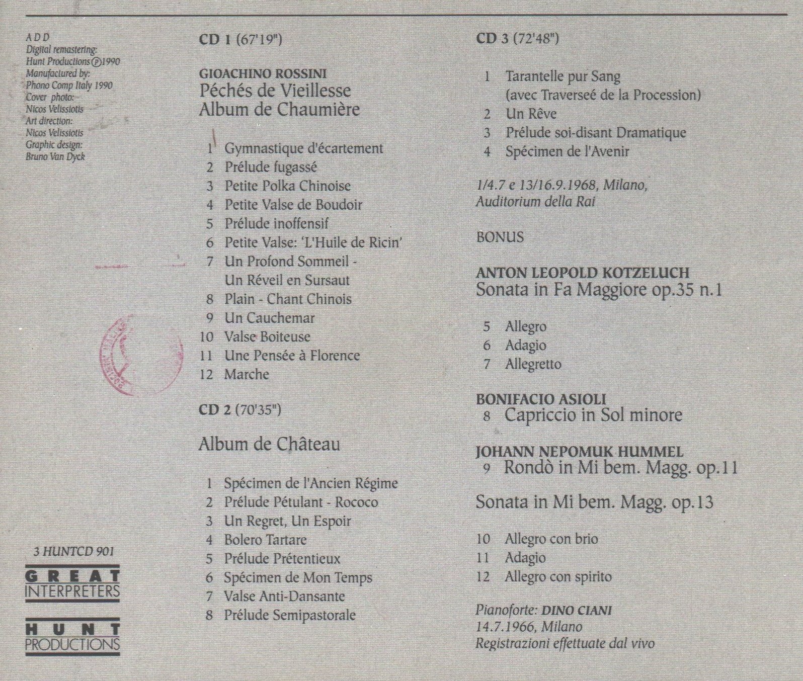 Dino Ciani Plays Rossini: Peches De Vieillesse, Album De Chaumiere & Album de Chateau – Hunt Great Interpreters Collection | Perfect for Classical Music Lovers & Piano Enthusiasts
