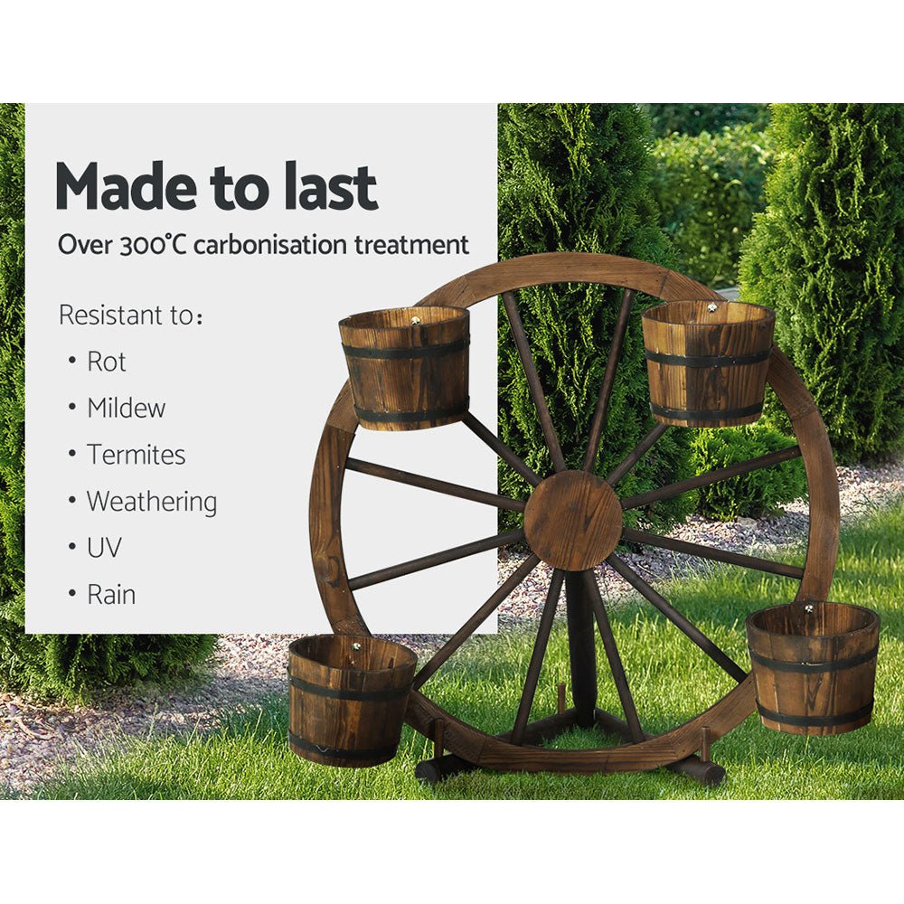 80cm Wooden Wagon Wheel Plant Stand - Rustic Garden Decor for Outdoor Plants | Perfect for Patio, Yard & Farmhouse Style Landscaping