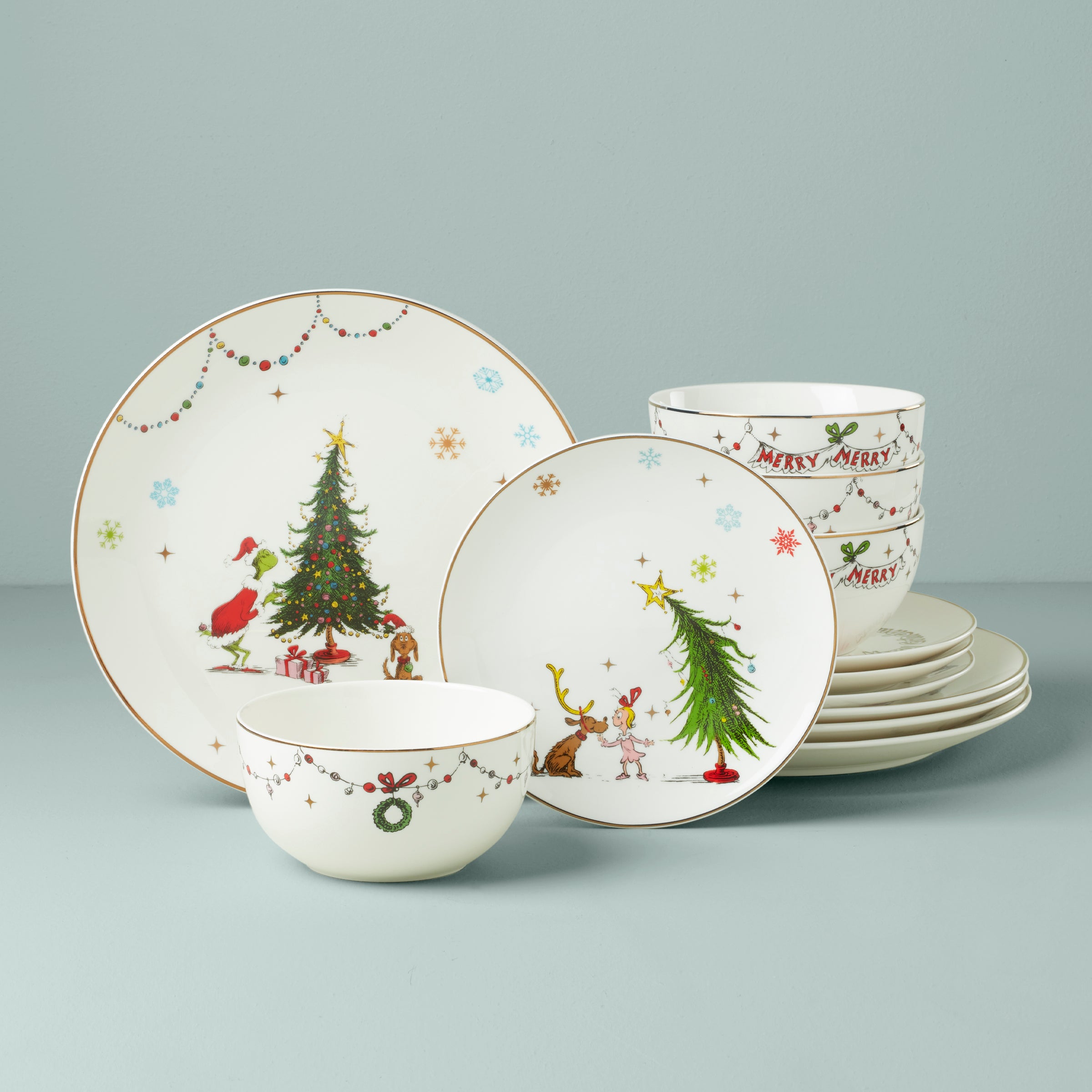 Merry Grinchmas 12-Piece Dinnerware Set - Festive Christmas Tableware for Holiday Parties & Family Gatherings