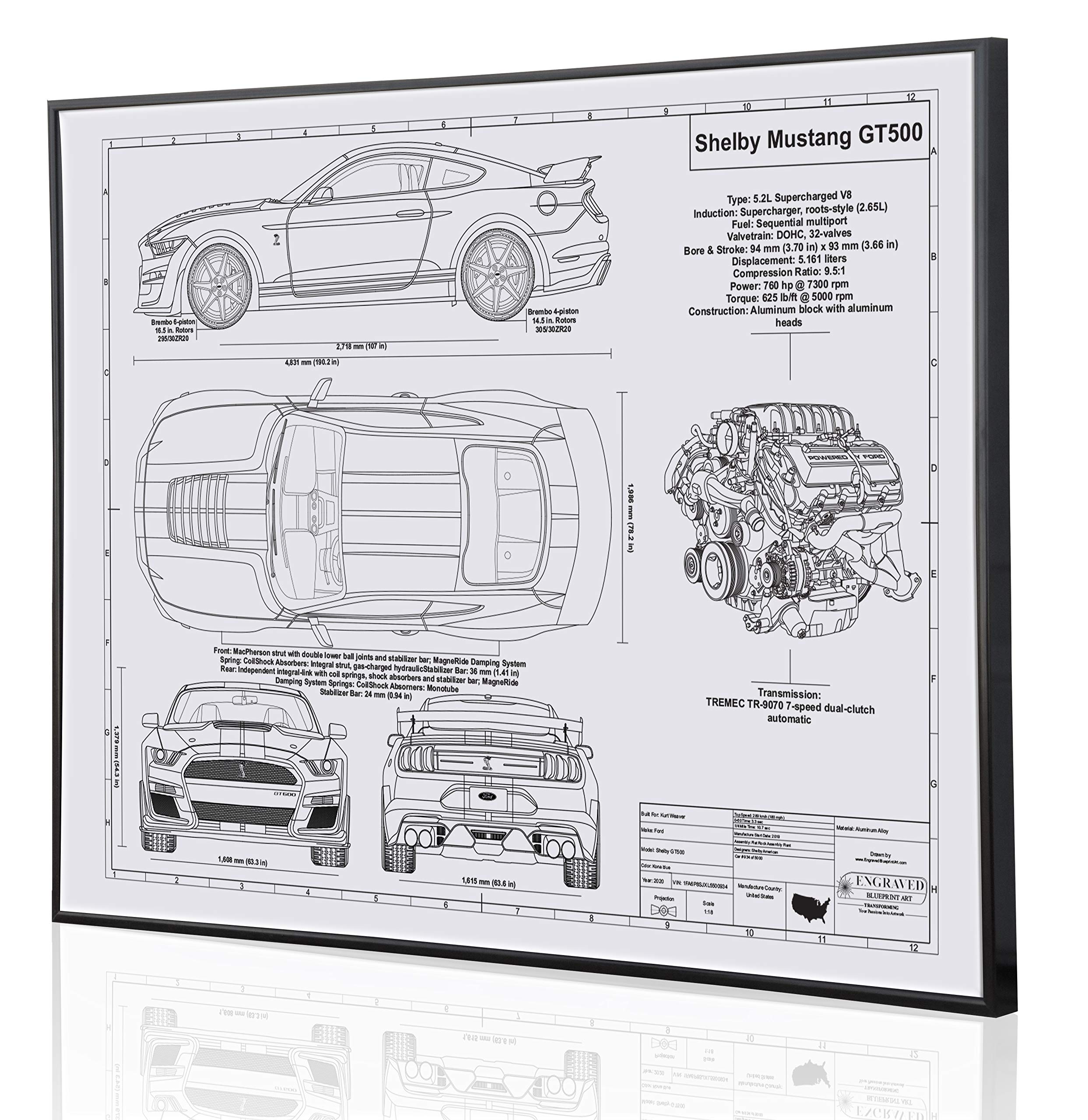 2020 Ford Mustang Shelby GT500 Blueprint Artwork - Laser Engraved & Personalized - Unique Ford Enthusiast Gift for Home, Office, or Man Cave Decor