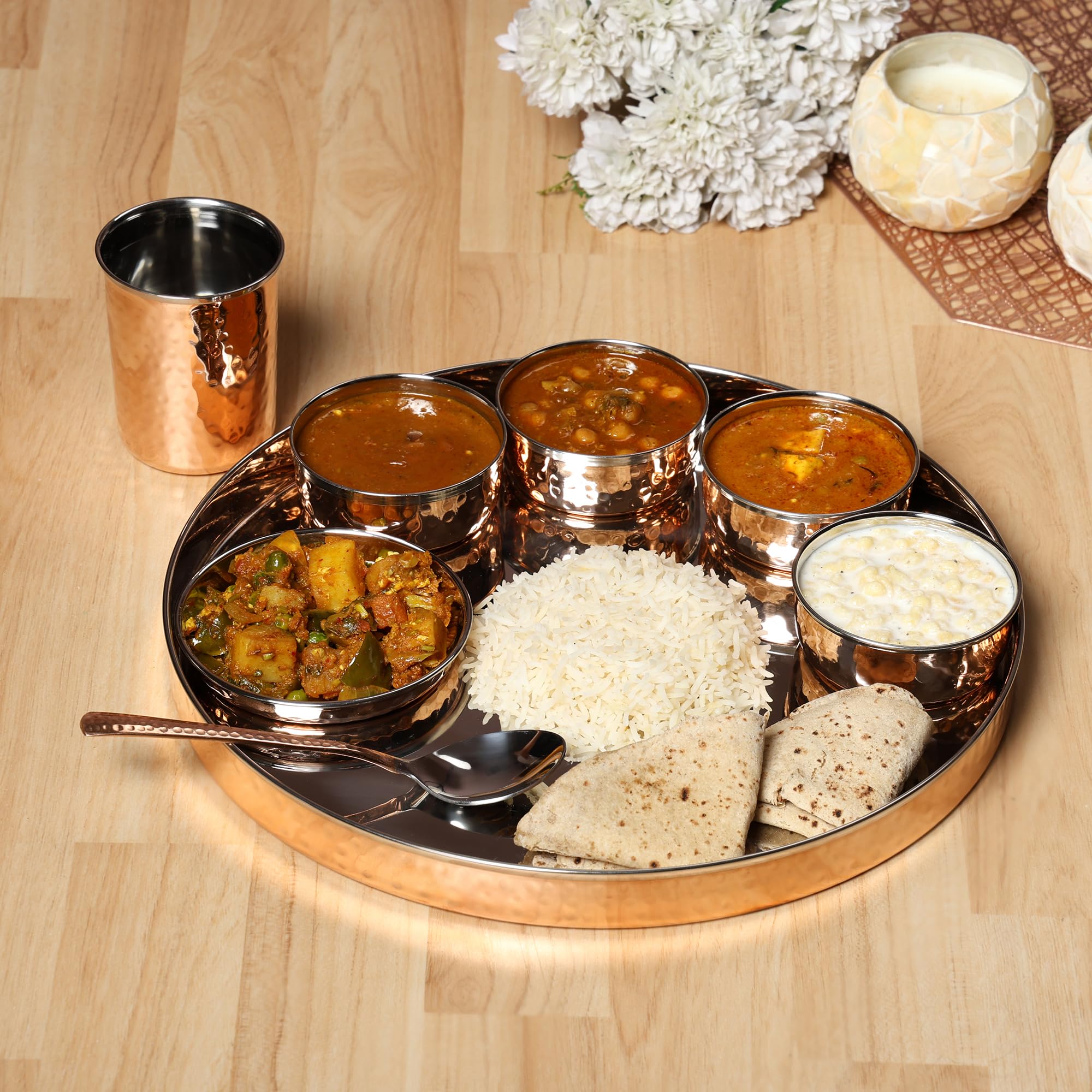 Traditional Indian Stainless Steel & Copper Hammered Thali Set - Includes Plates, Bowls, Glass & Spoon - Elegant Home & Kitchen Serving Tableware for Festivals, Weddings & Daily Dining