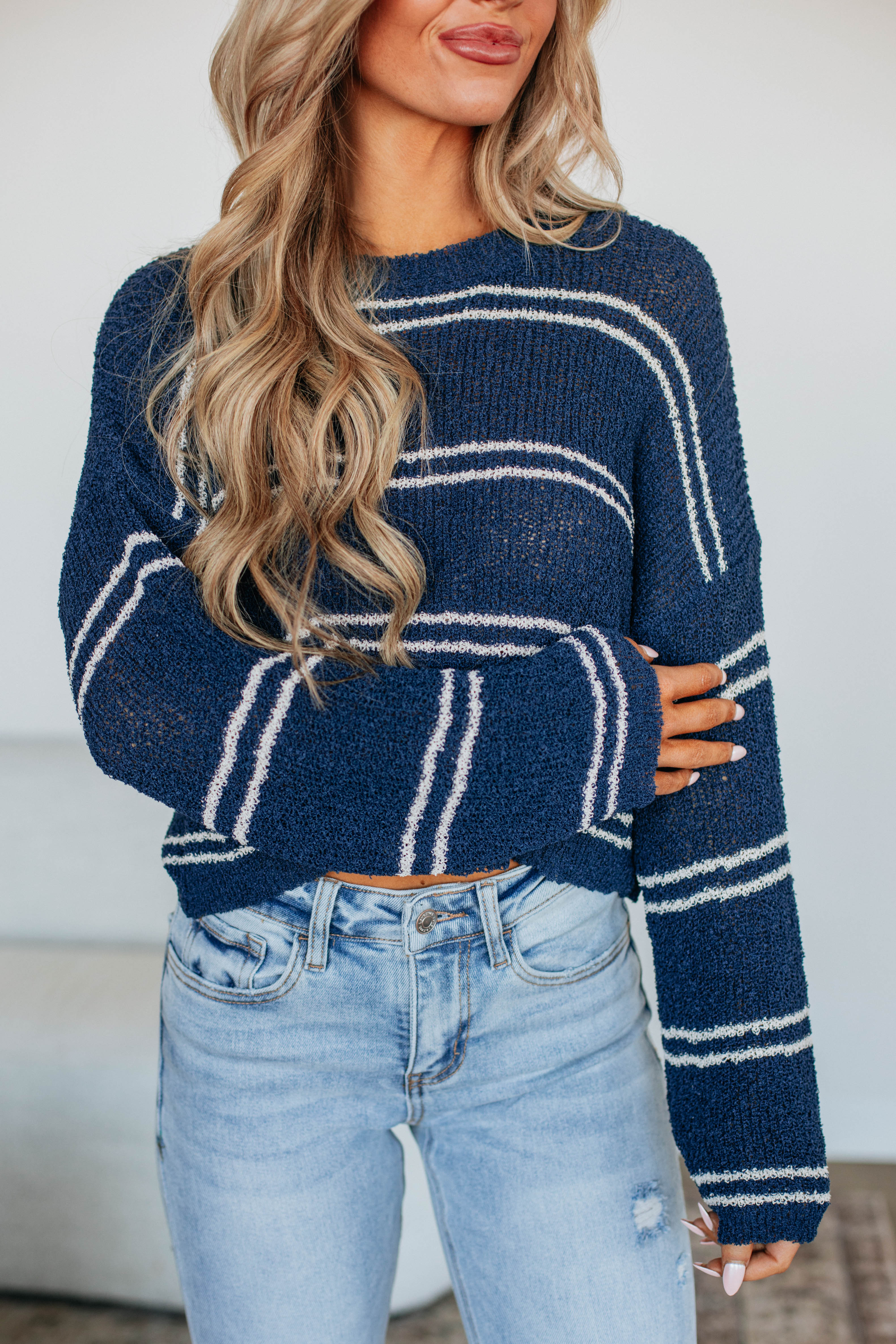 Geralyn Striped Sweater for Women - Navy Blue & White Knit Pullover | Cozy Casual Wear for Fall & Winter