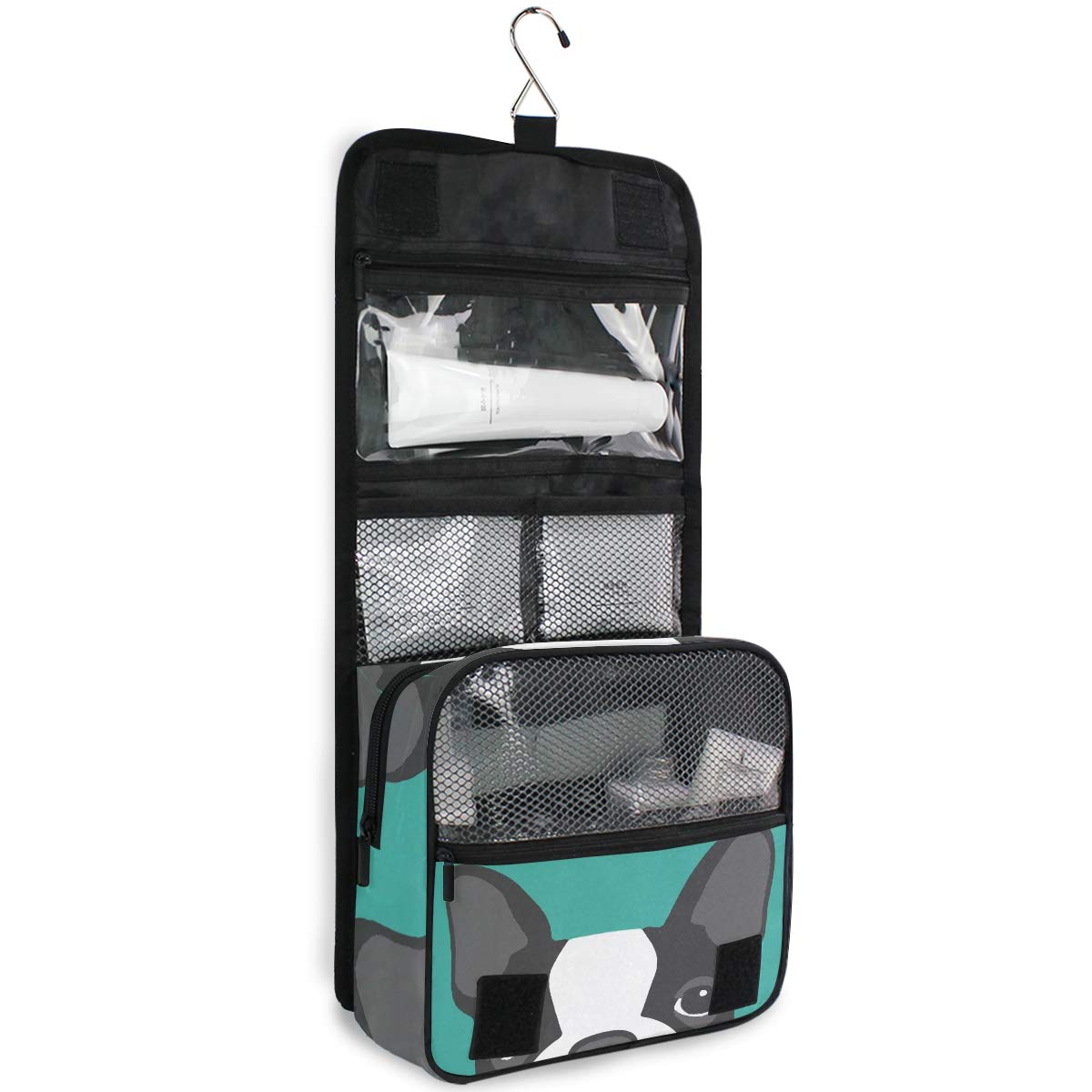AUUXVA Travel Toiletry Bag - Waterproof Hanging Cosmetic Organizer with Zipper Pockets | Portable Makeup Bag for Women & Men | Perfect for Travel, Gym & Daily Use | Cute Boston Terrier Dog Design