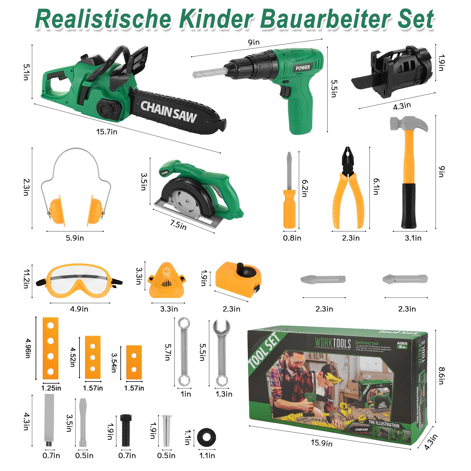 Mathea Kids Tool Set - Pretend Play Construction Toys for Boys & Girls Ages 3-6 with Electronic Drill & Chainsaw - STEM Learning Toys for Toddlers - Perfect for Birthday Gifts & Role Play Activities