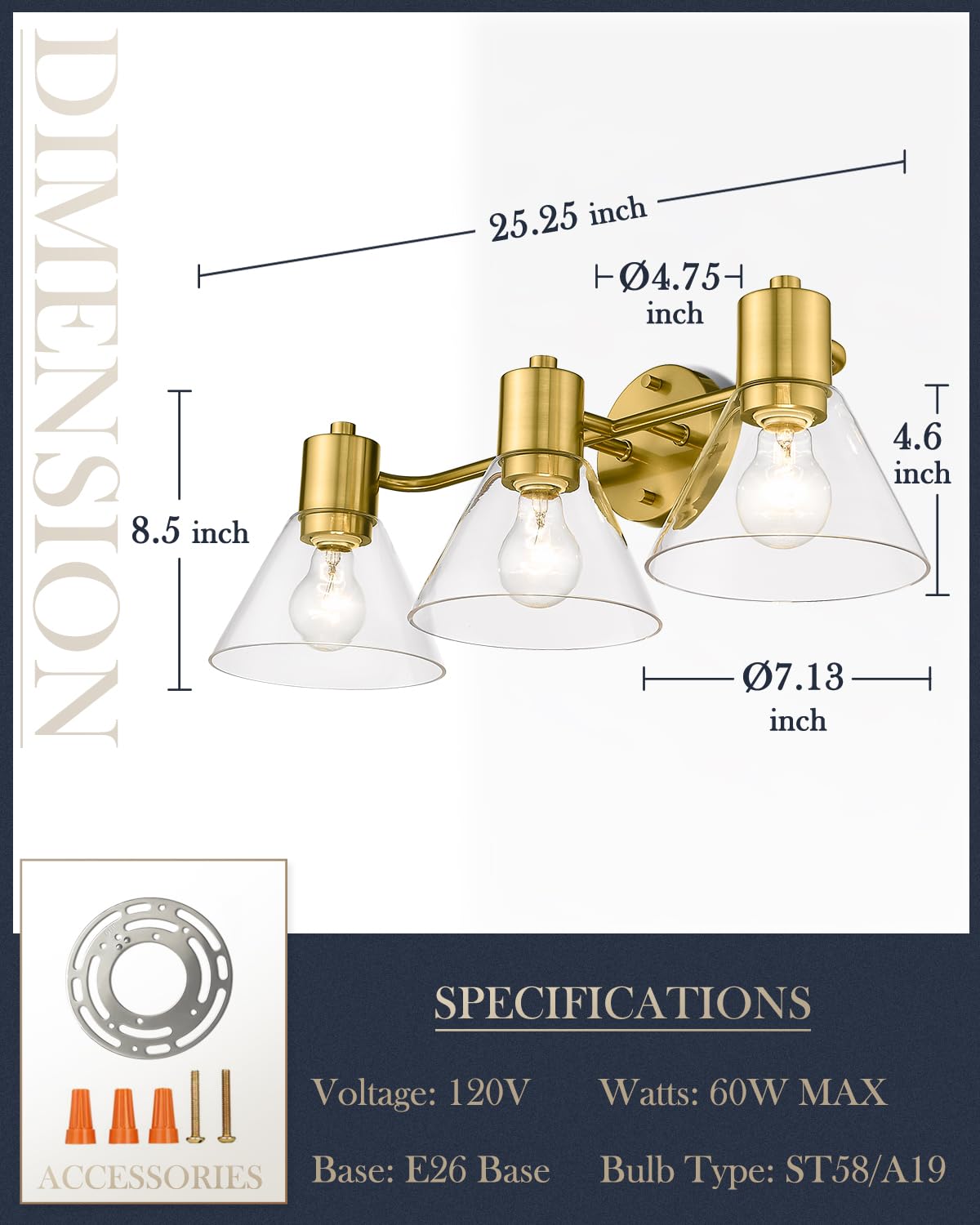 LMS Gold Bathroom Vanity Light Fixtures - 3 Light Modern Bathroom Sconce with Clear Glass Shade, LMS-108 - Perfect for Bathroom, Powder Room and Dressing Room Lighting