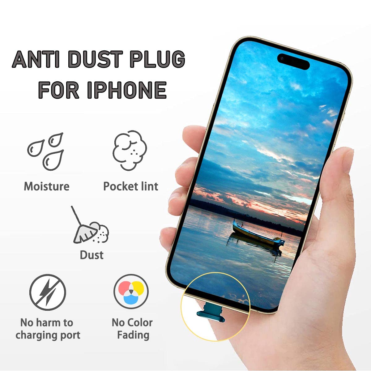 4 Pack Anti Dust Plugs - Pacific Blue Charging Port Cover Caps for iPhone 14/13/12/11 Plus/Pro/Max, iPad & AirPods | Dustproof, Wireless Charger & Phone Case Friendly | Prevent Loss | Perfect for Travel, Gym & Daily Protection