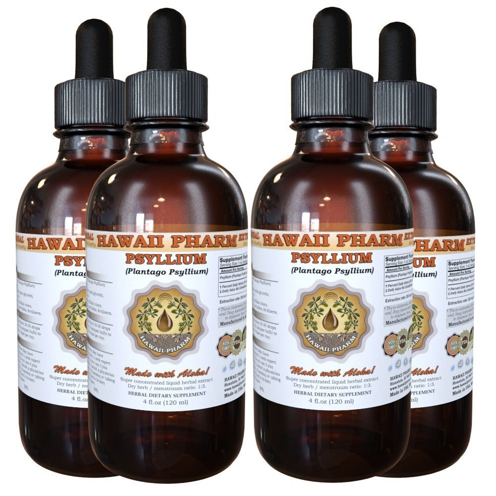 Organic Psyllium Husk Liquid Extract Tincture - 100% Pure Plantago Psyllium Herbal Supplement - Natural Digestive Support - Made in USA by Hawaii Pharm - 4 fl oz (Pack of 4) - Perfect for Gut Health, Constipation Relief & Detox Cleansing