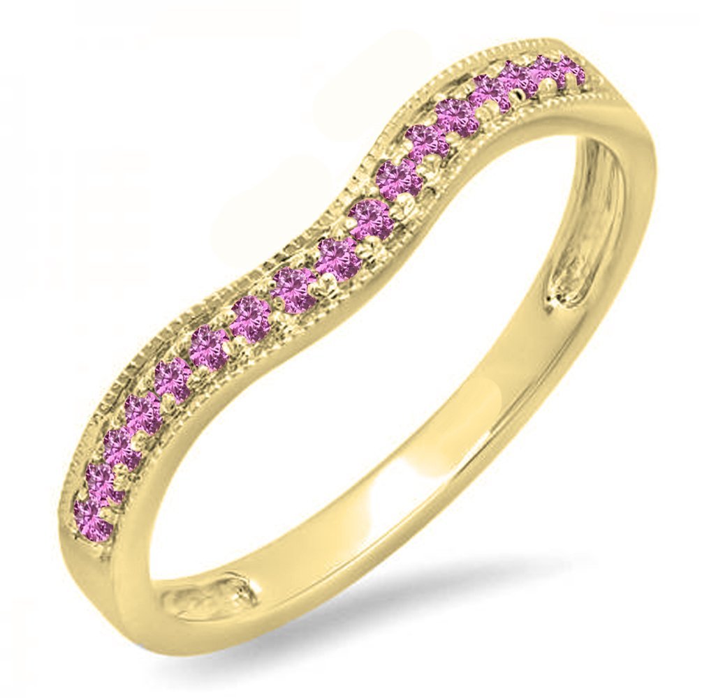 0.15ctw 14K Yellow Gold Pink Sapphire Wedding Band Ring for Women - Anniversary, Engagement & Stackable Ring - Dazzling Elegance for Special Occasions & Everyday Wear