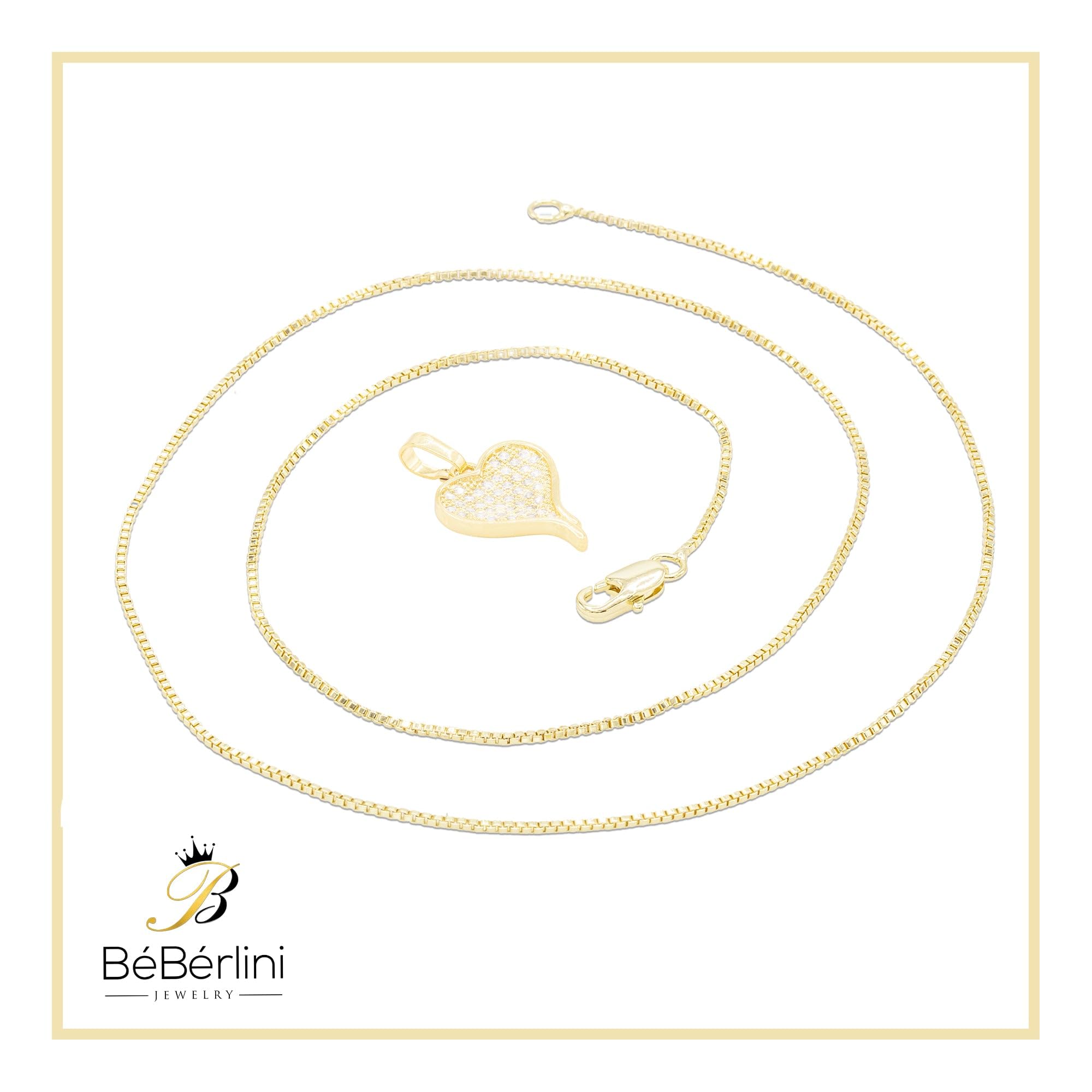 BEBERLINI Heart CZ Charms 14K Gold Filled Box Chain Charm Pendant Necklace Set for Women - 18 Inch Elegant Jewelry Gift for Valentine's Day, Anniversary & Special Occasions