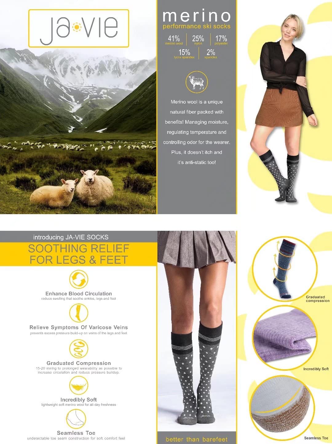 JAVIE Comfy Merino Wool Graduated Compression Socks (15-20mmHg) for Women & Men - Knee High Support Stockings for Travel, Sports & Circulation
