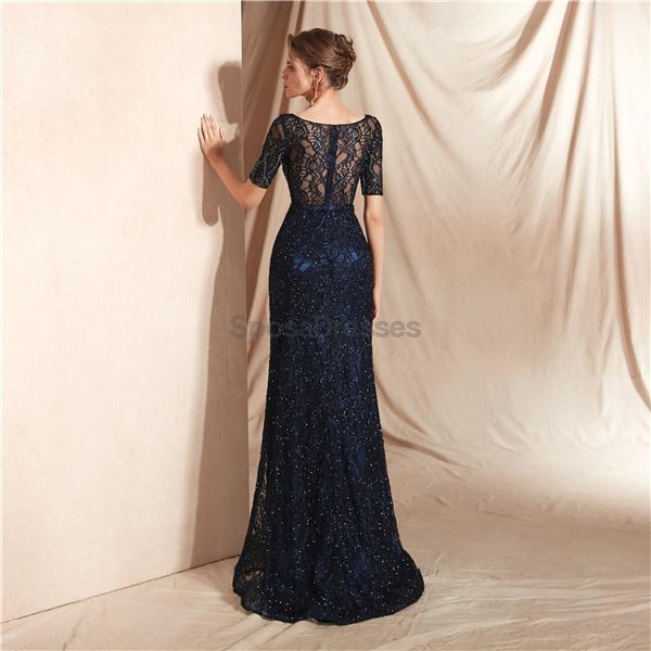 Elegant Navy Blue Long Sleeve Lace Beaded Mermaid Prom Dress for Evening Parties & Formal Events - Perfect for Homecoming, Wedding Guest & Special Occasions
