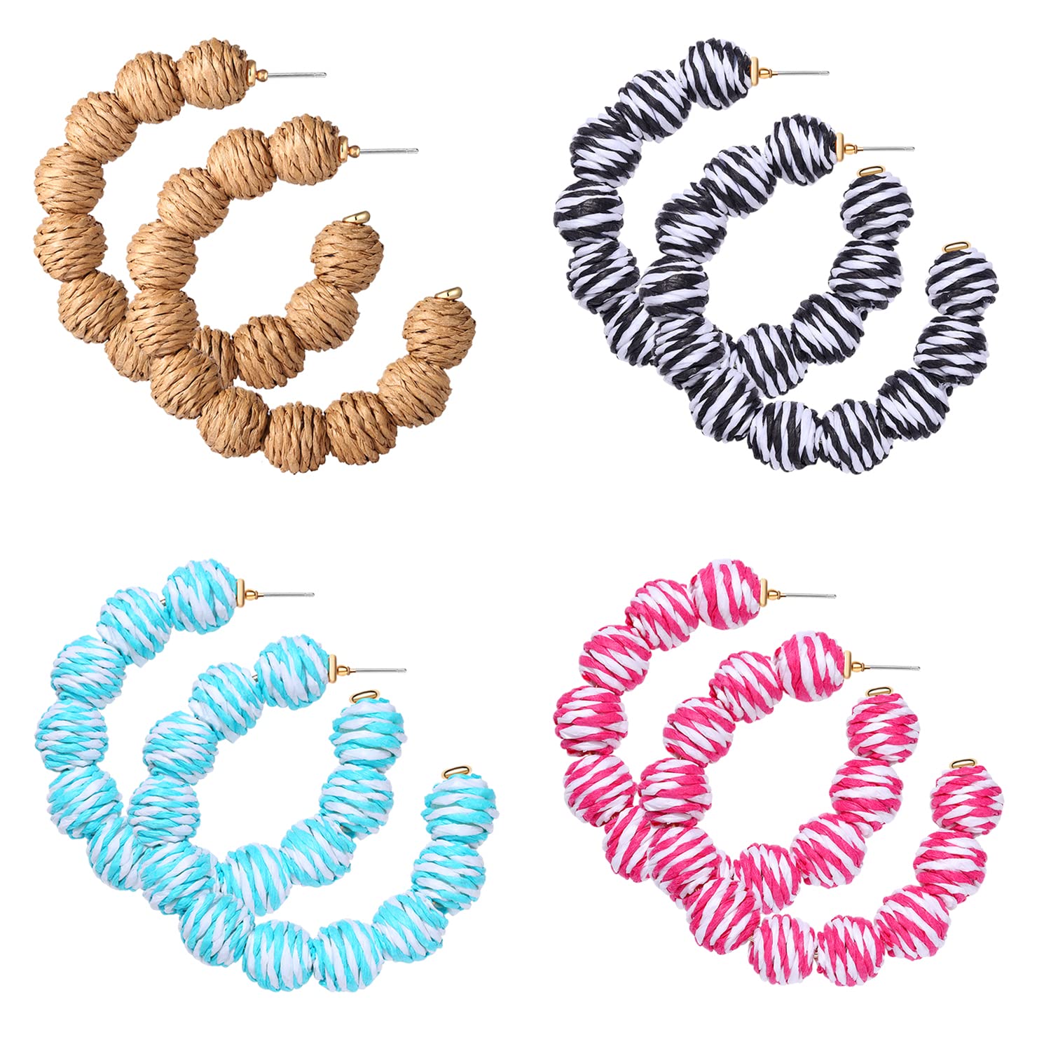 4 Pairs Handwoven Rattan Earrings – Bohemian Geometric Statement Hoop, Straw Wicker Braid Drop Dangle Earrings for Women | Perfect for Summer, Beach, Festival & Boho Chic Outfits