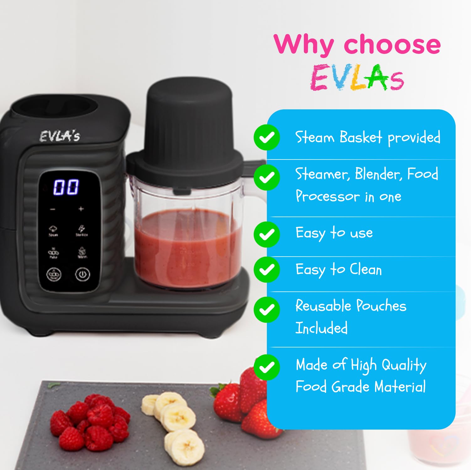 EVLA'S Double Baby Food Maker with 2 Steaming Baskets - 6-in-1 Steamer, Blender, Grinder & Food Processor for Healthy Homemade Baby Food - Touch Screen Control with 6 Reusable Food Pouches (Dark Grey) - Perfect for Busy Parents & Quick Meal Prep