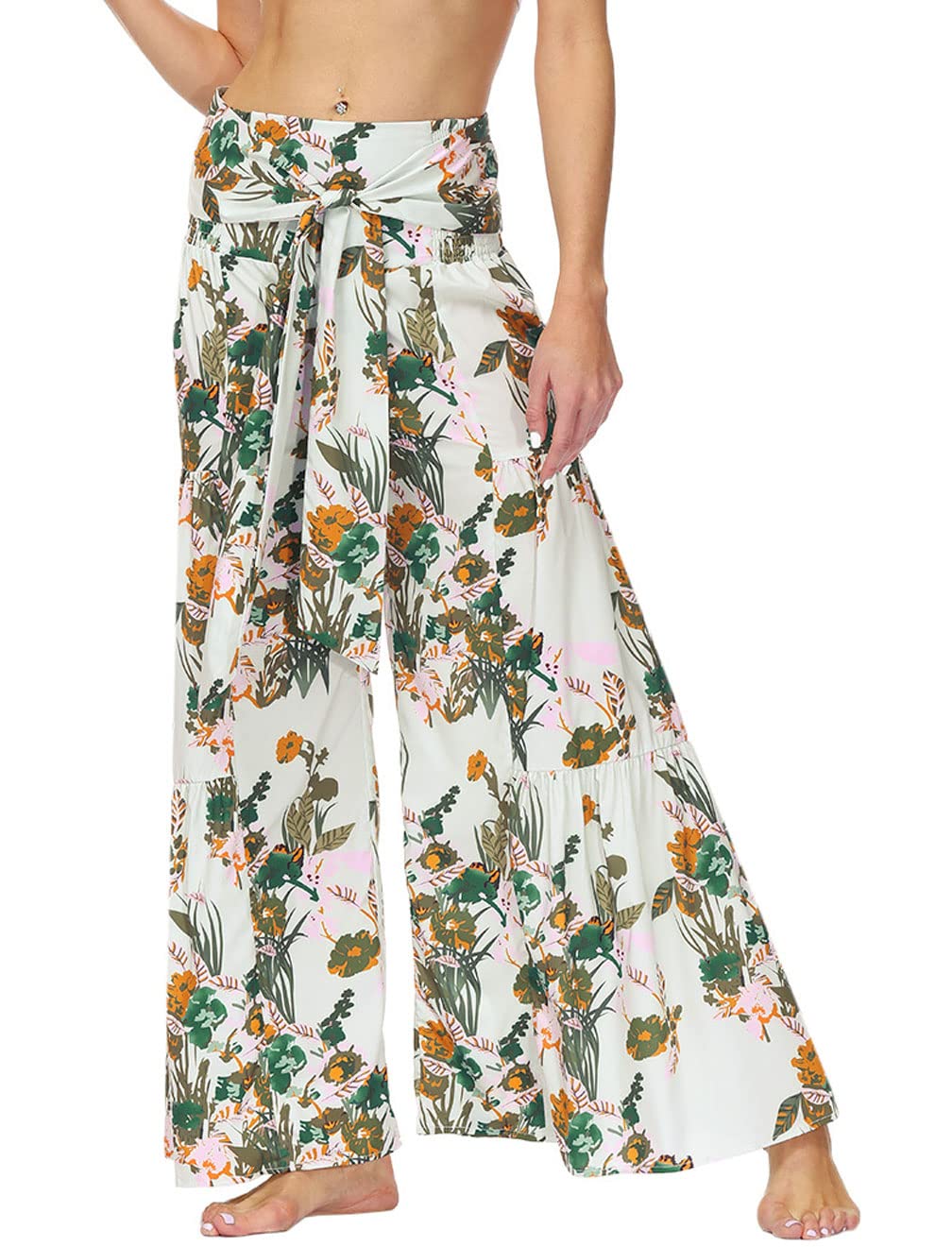 GGUHHU Women's High Waist Wide Leg Beach Pants - Floral Print Pleated Palazzo Trousers with Adjustable Belt | Summer Vacation, Boho Outfit, Casual Wear, Resort Style