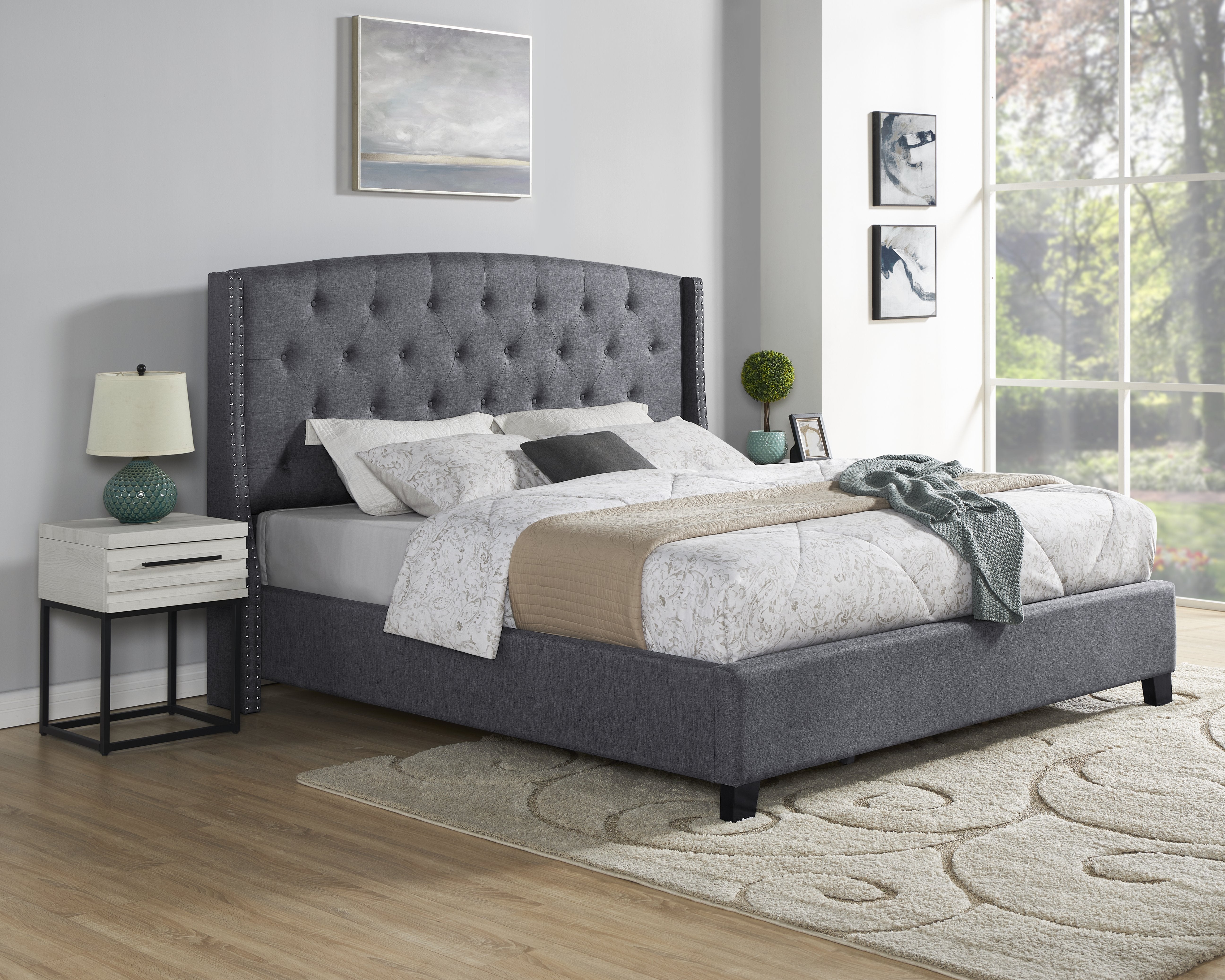 Roundhill Furniture Belize 3-Piece Upholstered Bedroom Set - Tufted Wingback Bed with 2 Nightstands for Master Bedroom & Guest Room Decor