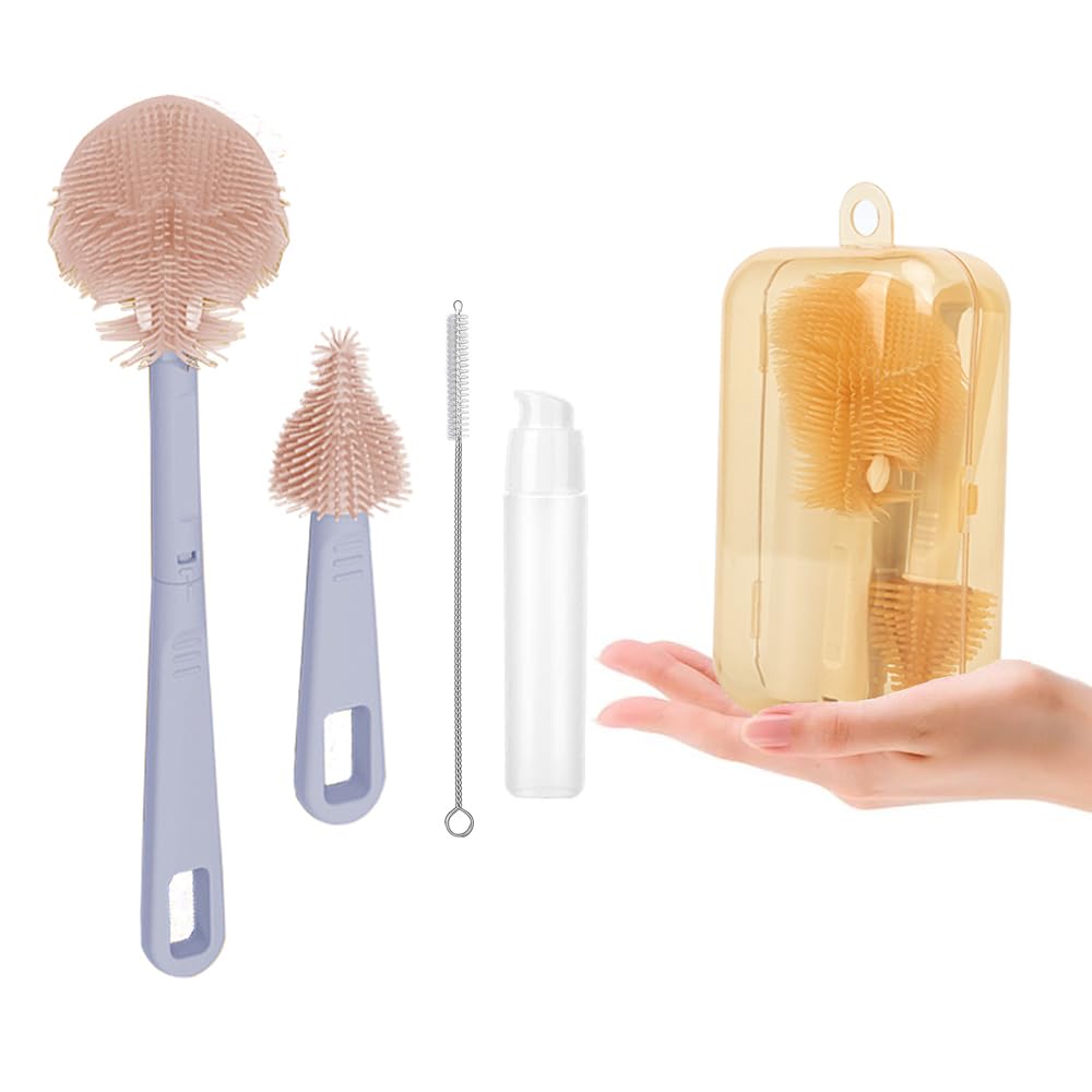 Travel Baby Bottle Cleaning Brush Set - Silicone Bottle Brush, Nipple Brush, Straw Cleaner with Soap Dispenser & Storage Box | Portable Baby Bottle Cleaner Kit for Travel, Home & On-the-Go (Purple) | Perfect for Diaper Bags, Daycare & Family Trips