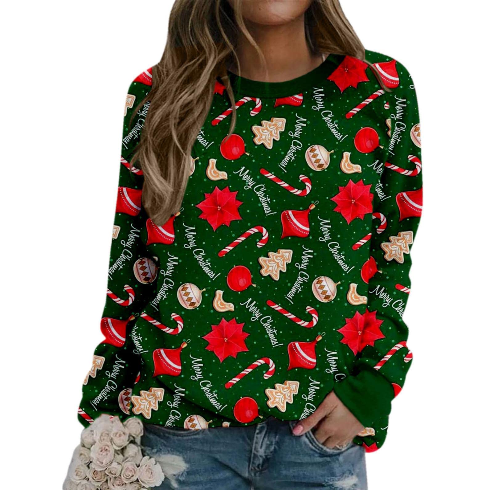 Women's Christmas Long Sleeve Tops - Festive Reindeer Print Sweater Shirts for Holiday Parties & Casual Wear | Cute Xmas Blouses for Office, Family Gatherings & Winter Outfits