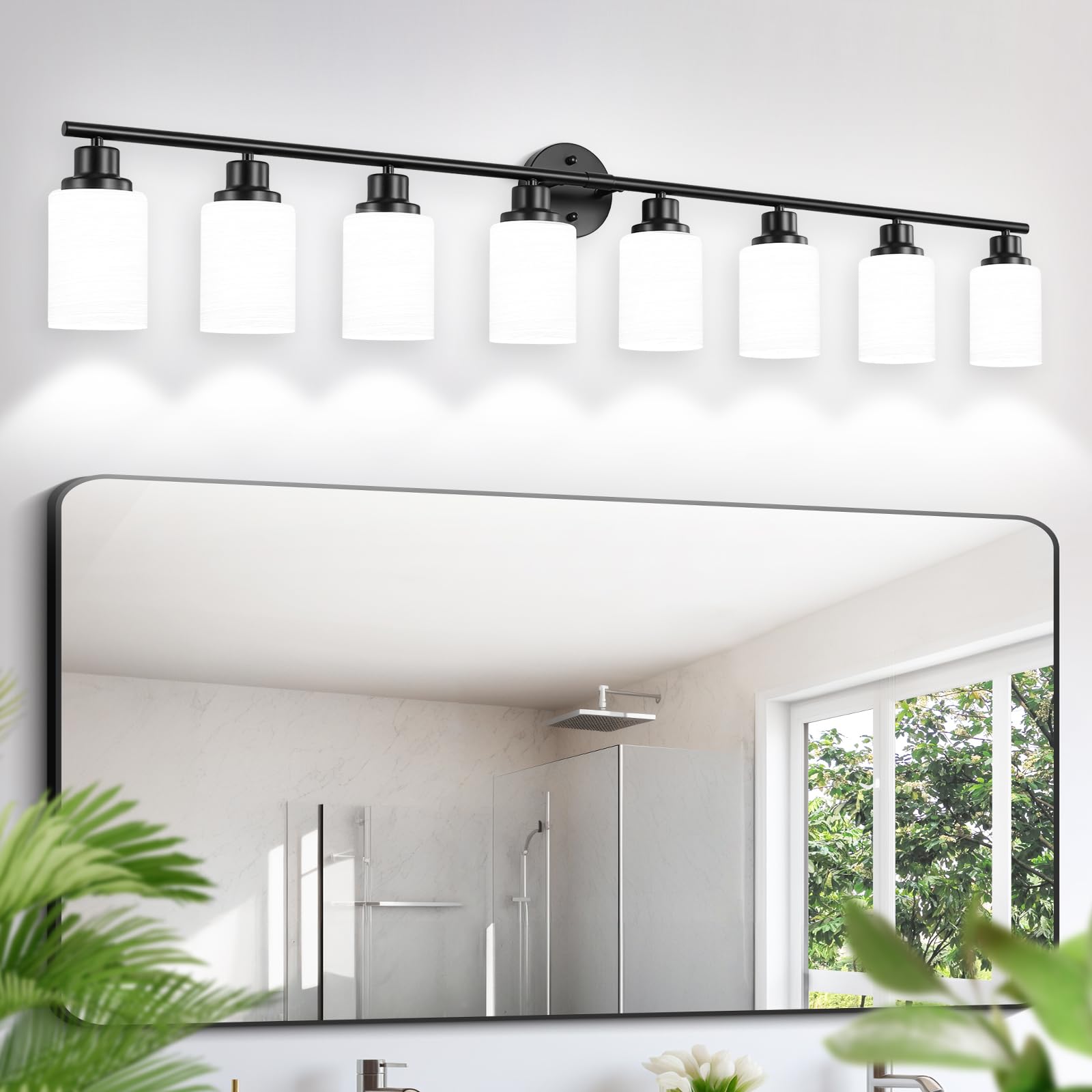 8-Light Modern Bathroom Vanity Fixture - Matte Black Wall Sconce with Milky White Frosted Glass Shades for Bathroom & Bedroom Lighting | Perfect for Vanity Mirror, Makeup Area and Dressing Room Illumination