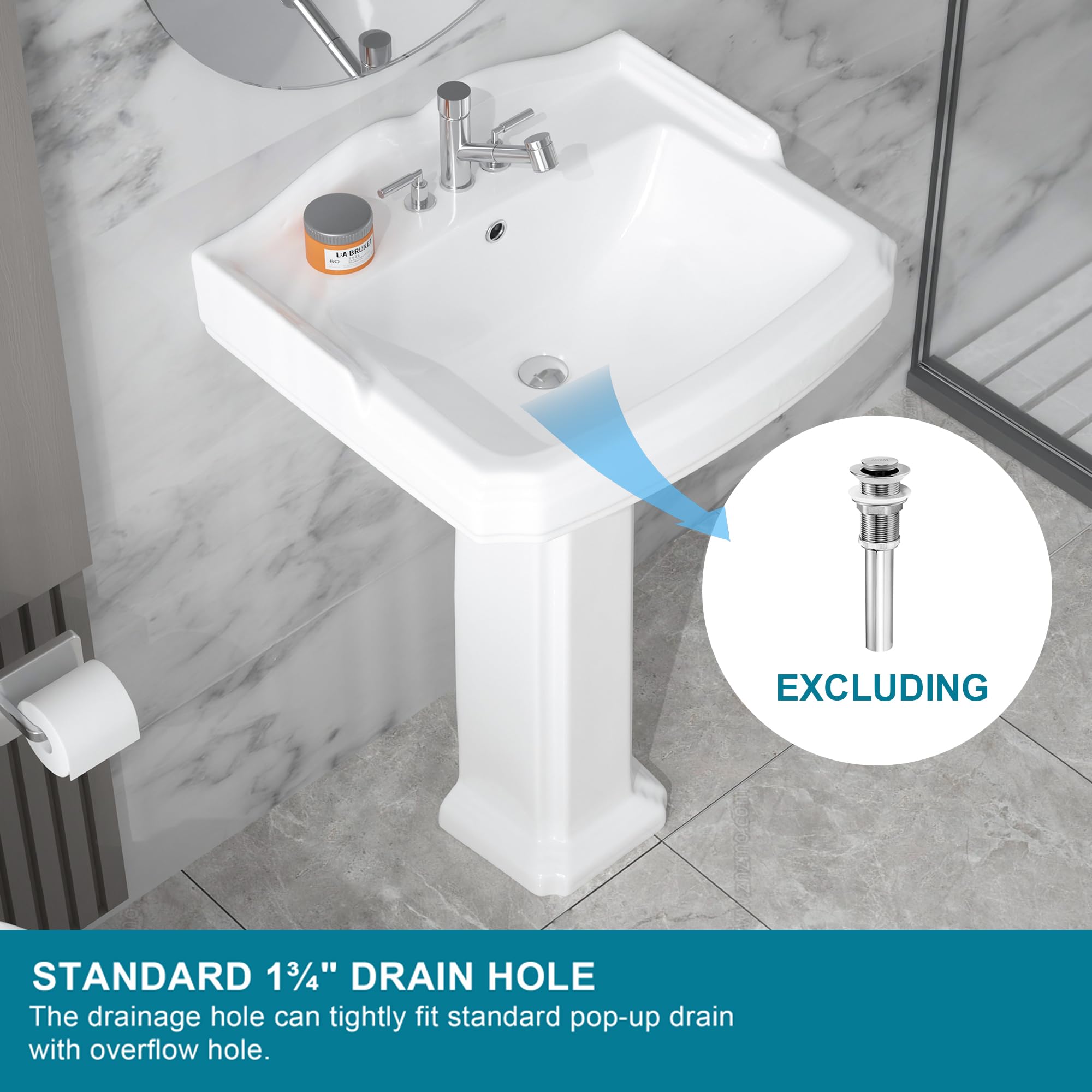 23 x 19 Inch White Porcelain Pedestal Sink with Backsplash - 3 Hole Faucet & Overflow Drain - Modern Rectangular Bathroom Vanity for Small Spaces - Perfect for Powder Rooms, Guest Baths & Apartment Renovations