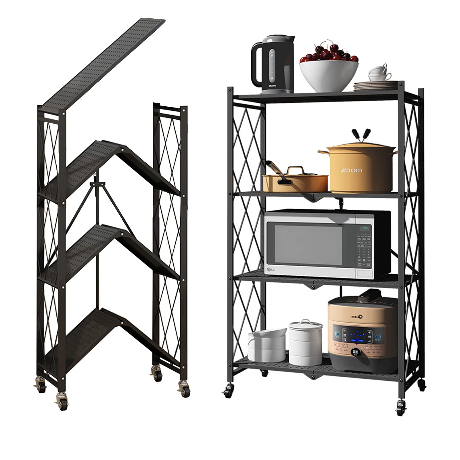 BENOSS Foldable Metal Storage Shelves with Wheels - Heavy Duty Black Wire Rack, No Assembly Required | Space Saving Solution for Garage, Kitchen, Pantry & Bedroom Organization