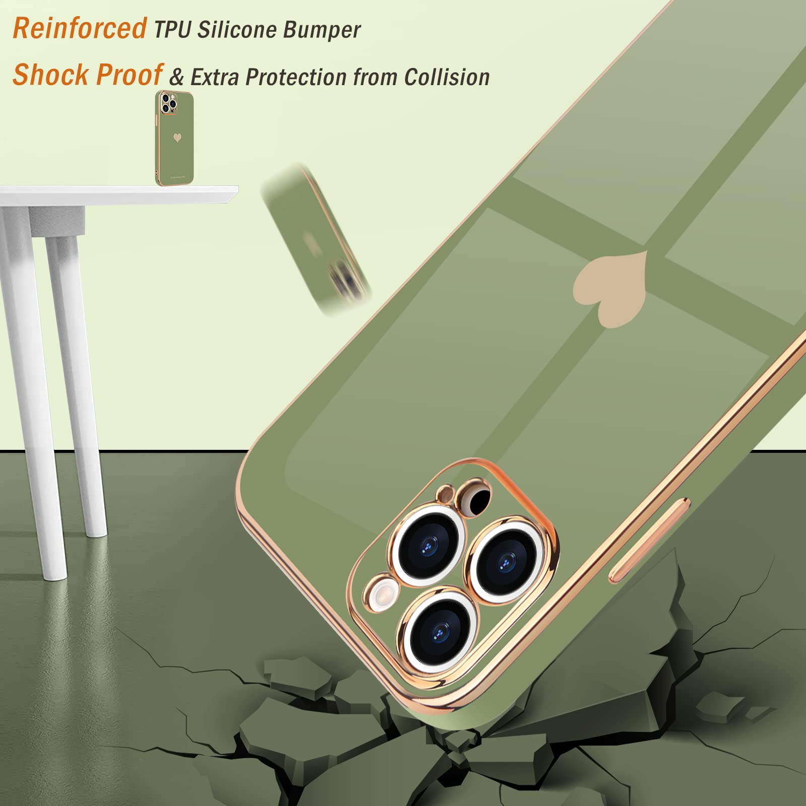 Teageo iPhone 12 Pro Case for Women - Cute Heart Design Luxury Plating Soft Silicone Cover with Raised Camera Protection | Shockproof Bumper Phone Case for iPhone 12 Pro (Light Green) | Perfect Gift for Girlfriend, Wife, Daughter - Valentine's Day, Birthday, Anniversary Present